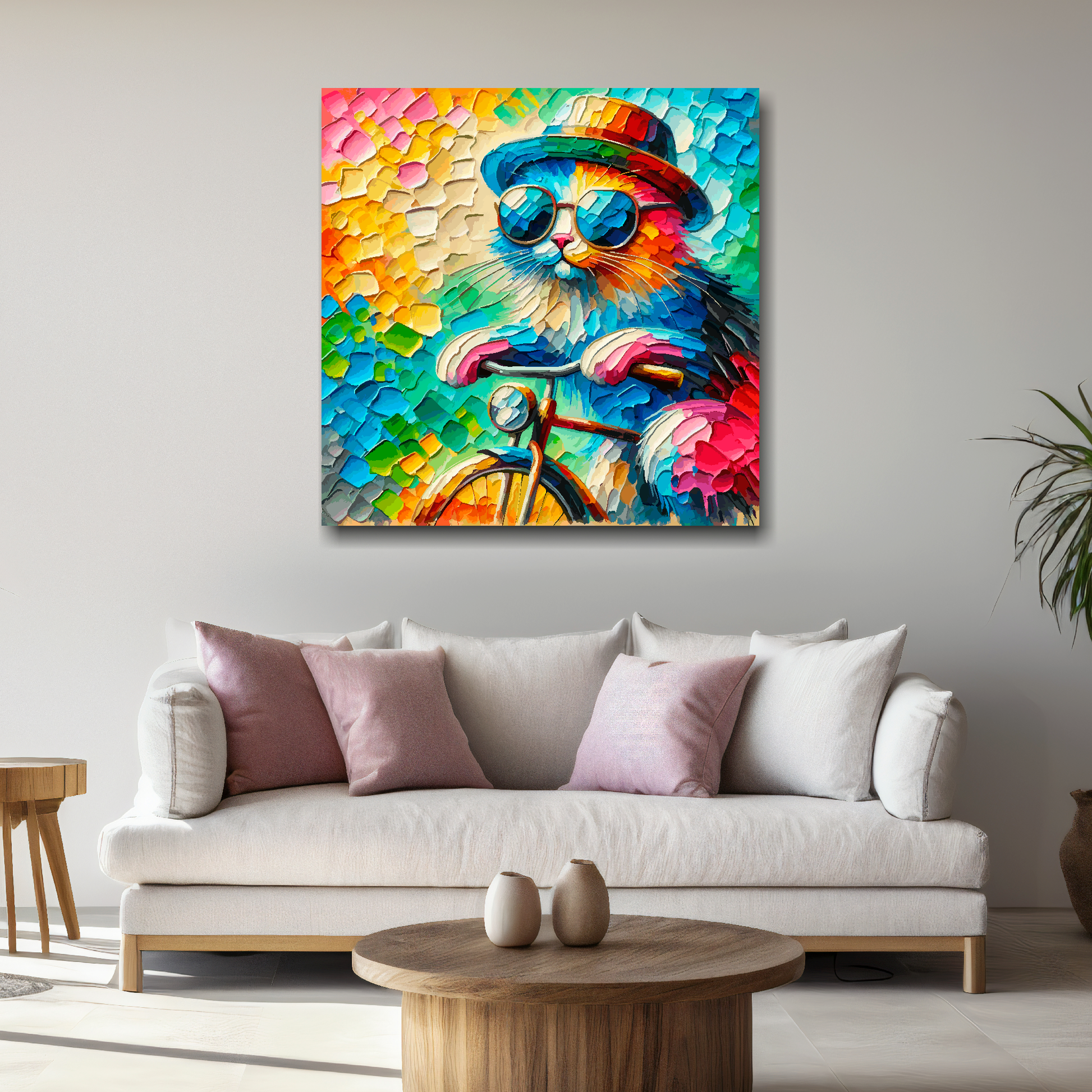 Large canvas wall art - A vibrant multi-coloured painting of a cool Cat Riding a bicycle. Available in 3 large sizes.
