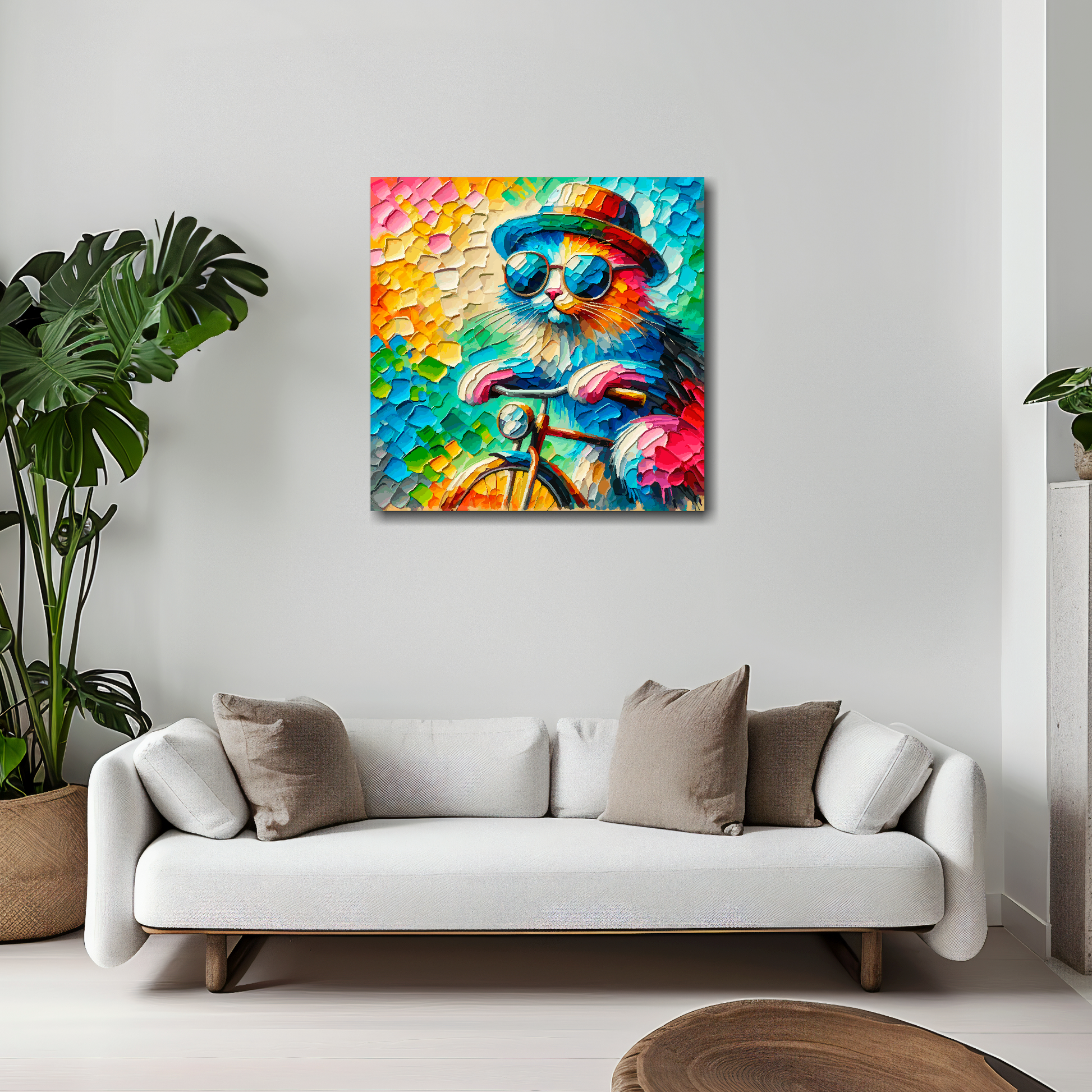 20 inch by 20 inch square canvas featuring a vibrant multi-coloured cool cat riding a bicycle. Mounted on a white wall above a white sofa with decorative pillows.