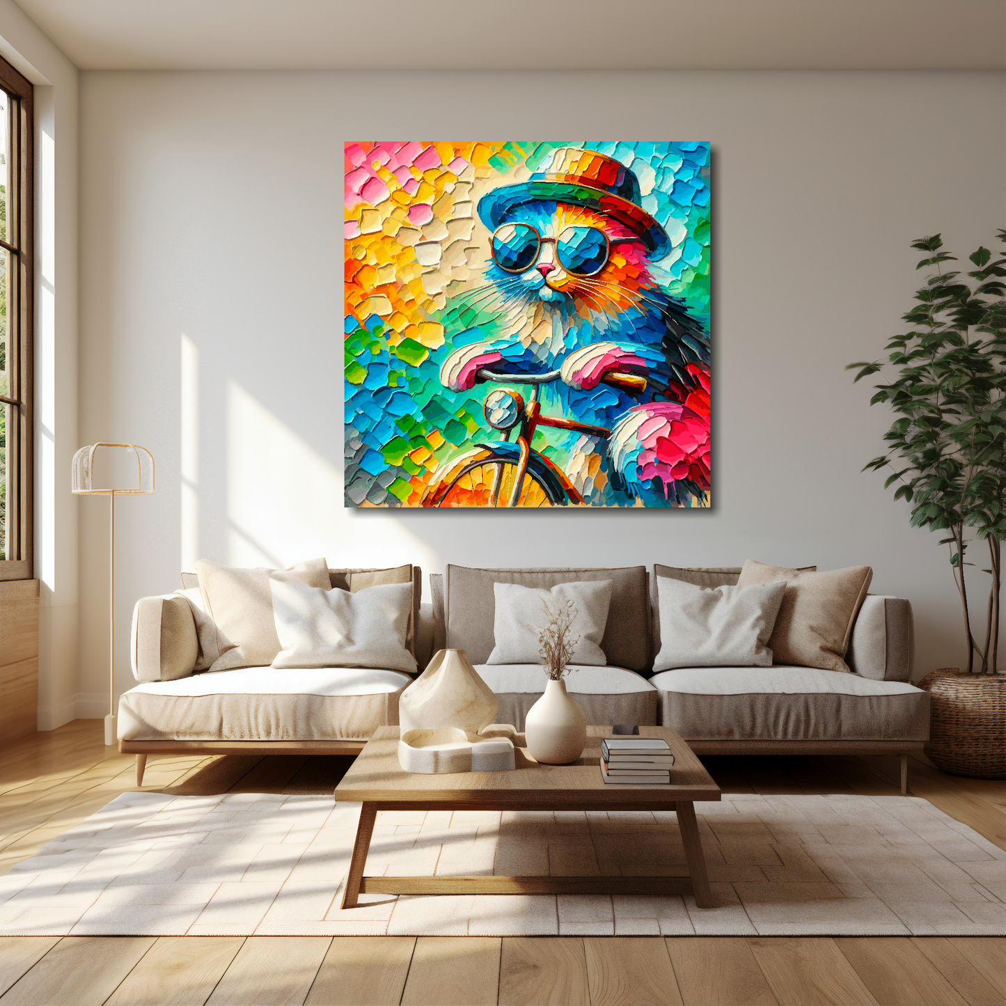 40 inch by 40 inch square canvas featuring a vibrant multi-coloured cool cat riding a bicycle. Mounted on a cream wall above a cream sofa with decorative pillows.