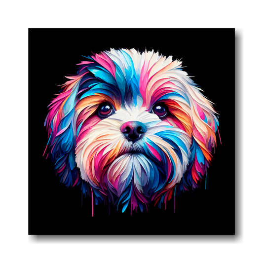 Colourful abstract painting of a Cavachon dog's face on a black background.