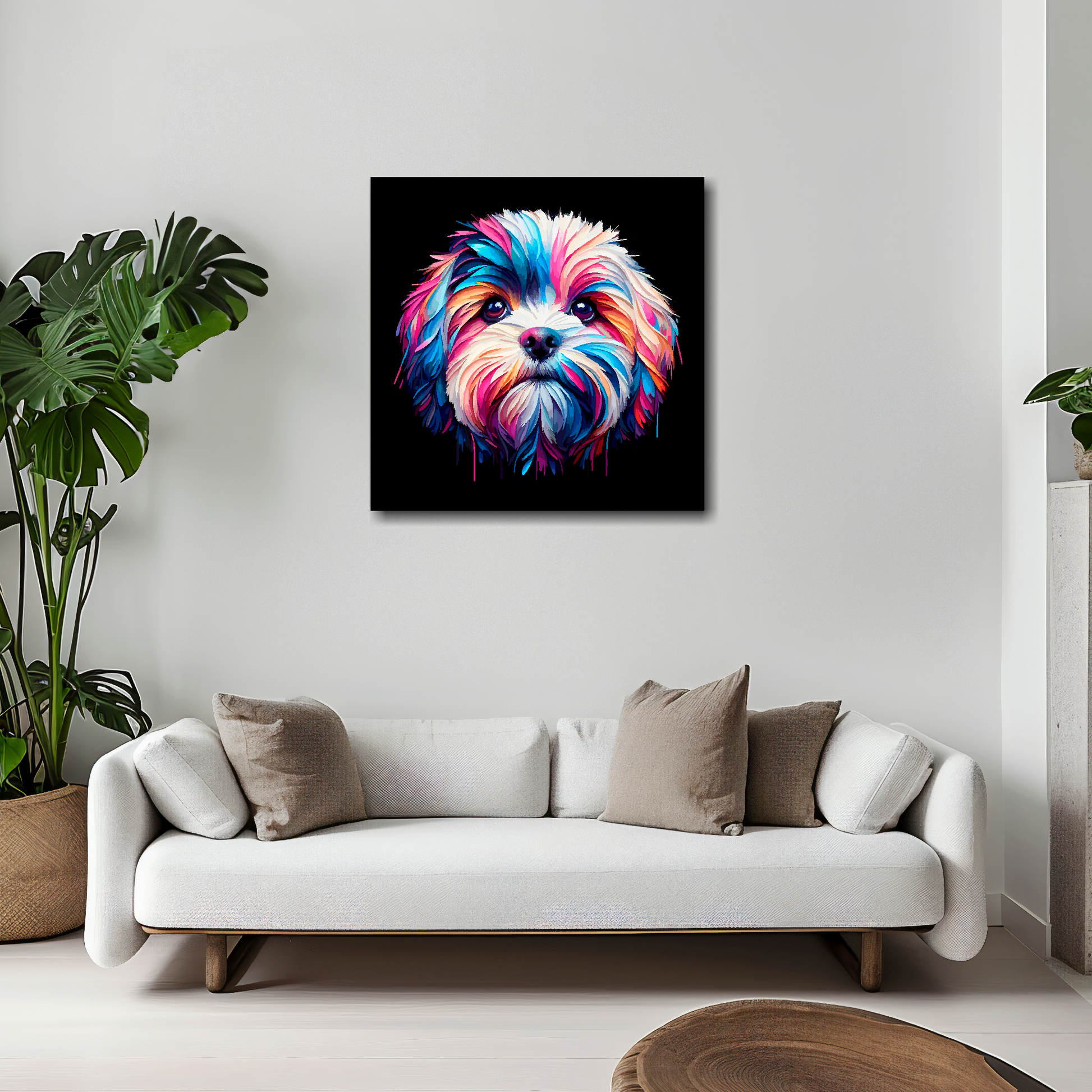20 inch by 20 inch canvas print featuring a multi-coloured Cavachon dog portrait. Mounted on a white wall above a white sofa with decorative pillows.