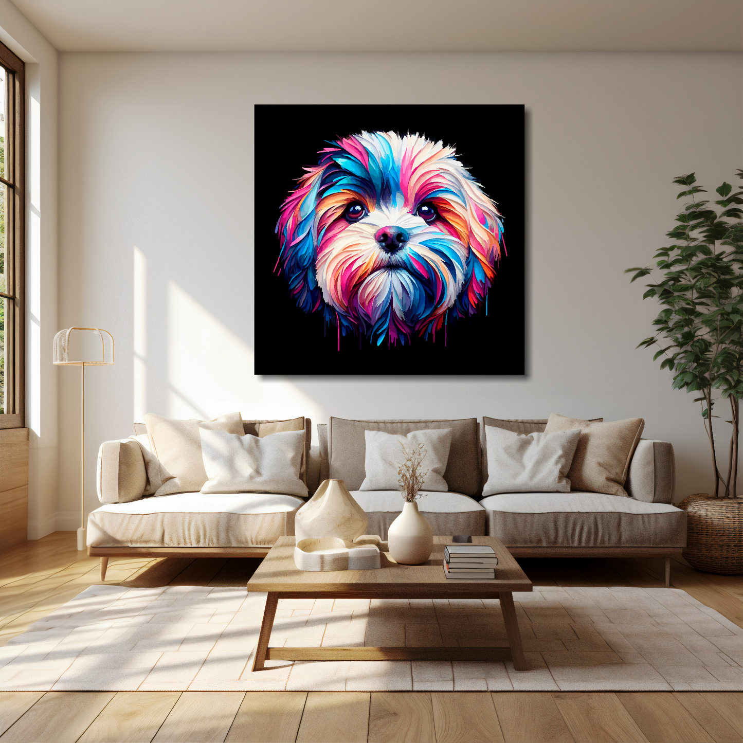 40 inch by 40 inch canvas print featuring a multi-coloured Cavachon dog portrait. Mounted on a cream wall above a cream sofa with decorative pillows.