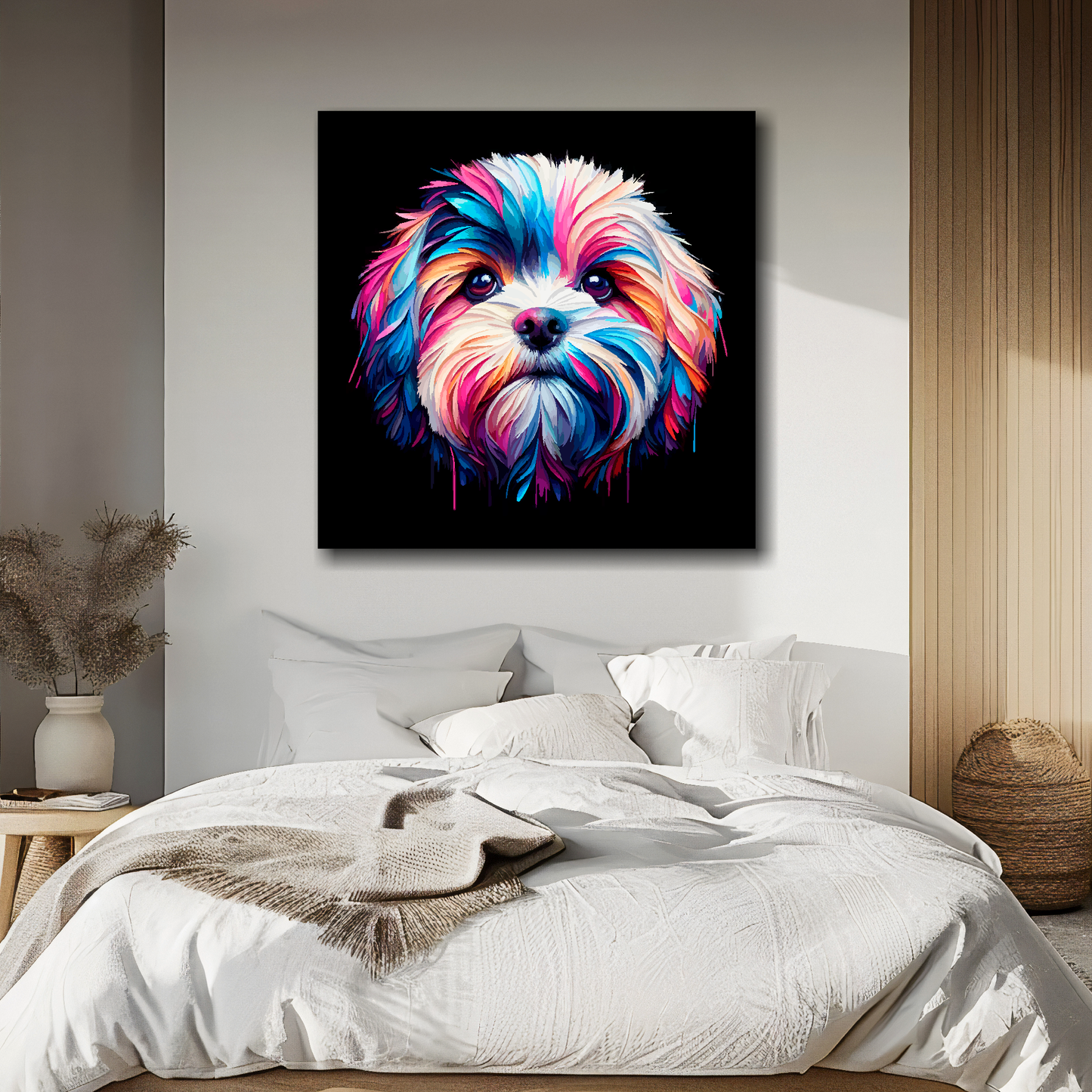 Canvas print featuring a multi-coloured Cavachon dog portrait. Mounted on a white wall above a double bed.
