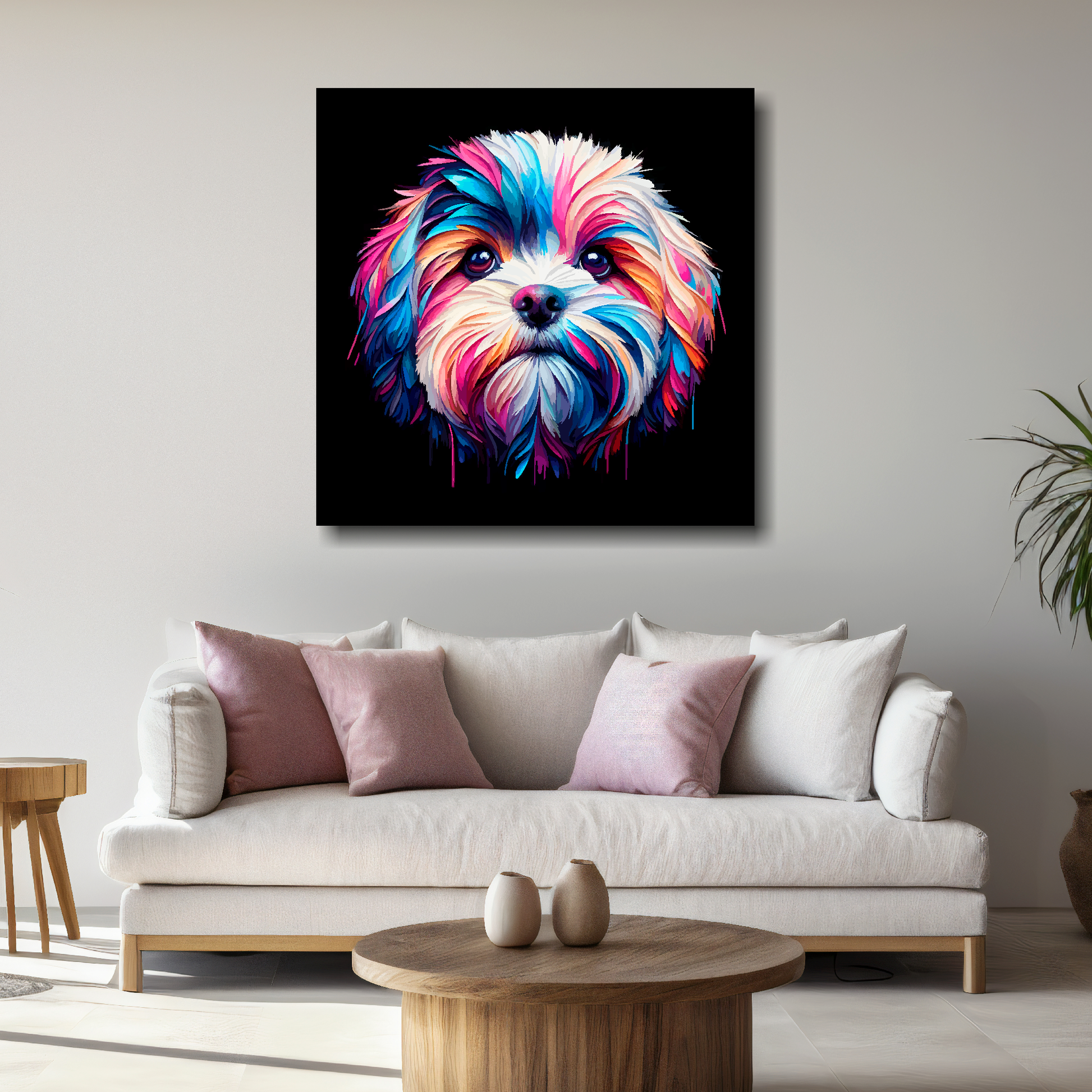 Large canvas print featuring a multi-coloured Cavachon dog portrait. Mounted on a white wall above a white sofa with decorative pillows.
