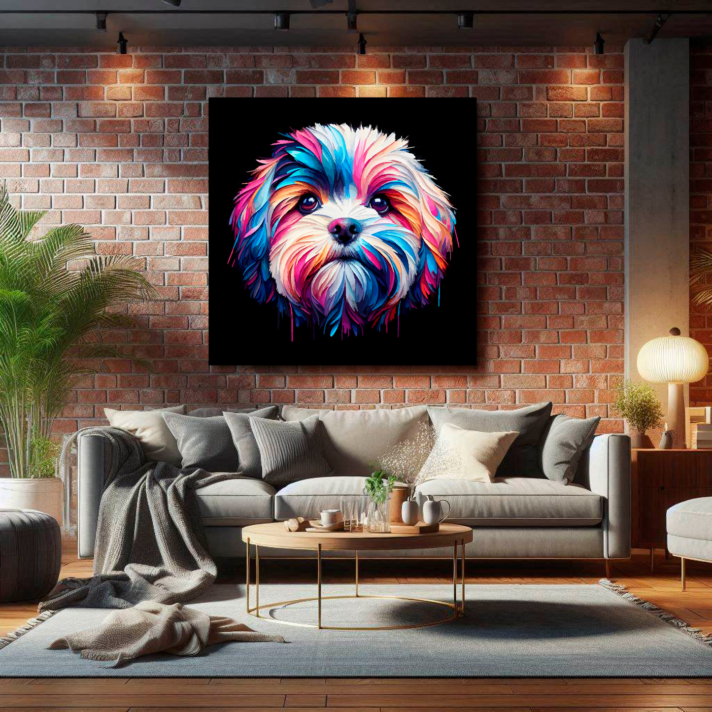 XL canvas print featuring a multi-coloured Cavachon dog portrait. Mounted on a lounge brick wall above a grey sofa with decorative pillows.