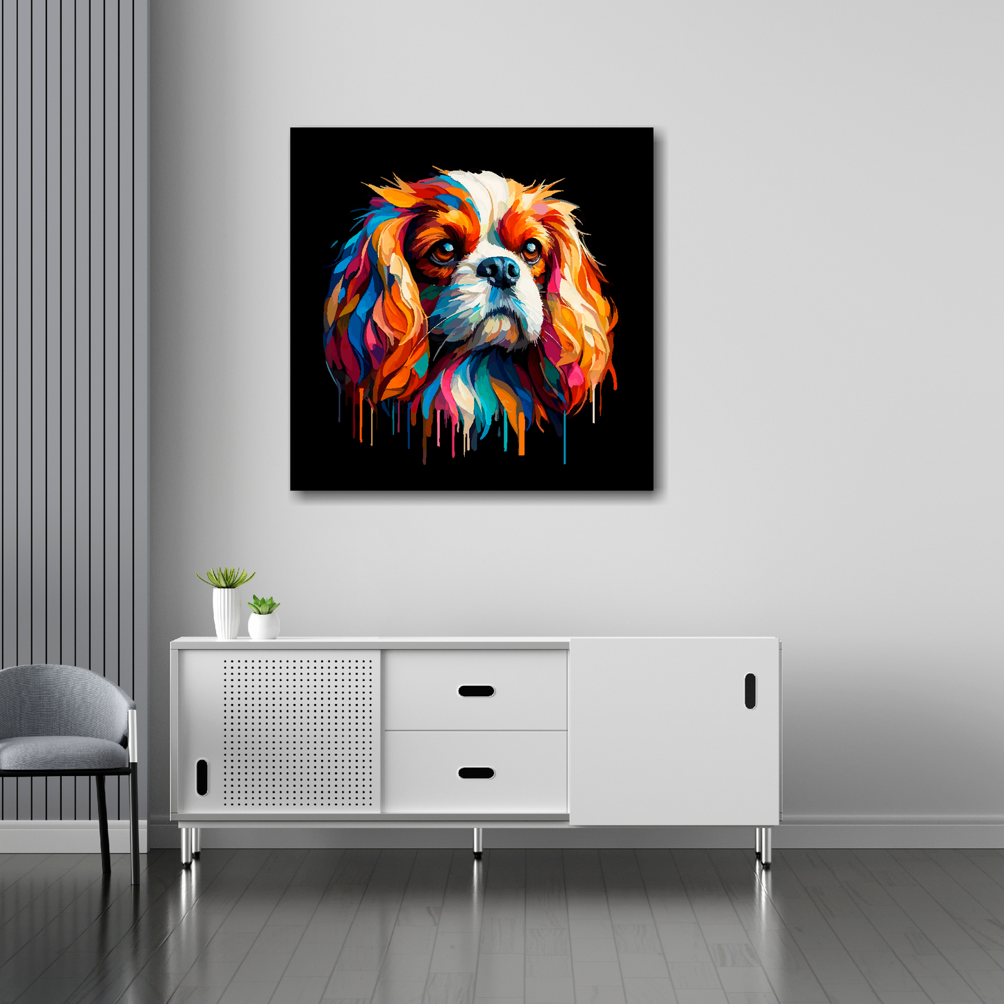 30 inch by 30 inch square canvas of a colourful Cavalier King Charles Spaniel head portrait on a black background. Mounted on a white wall above a white sideboard.