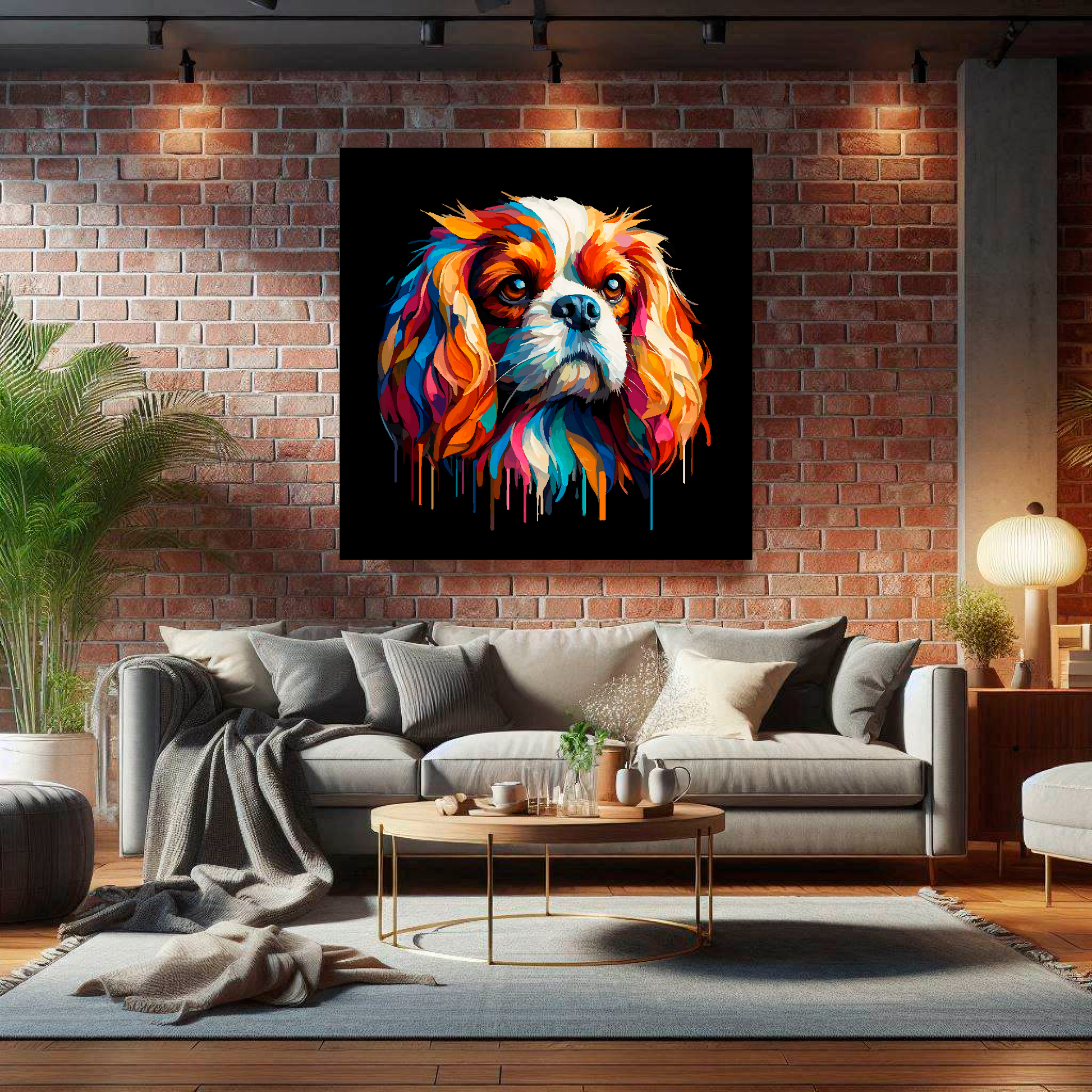 Large canvas wall art - A vibrant multi-coloured head portrait of a Cavalier King Charles Spaniel. Available in 3 large sizes.