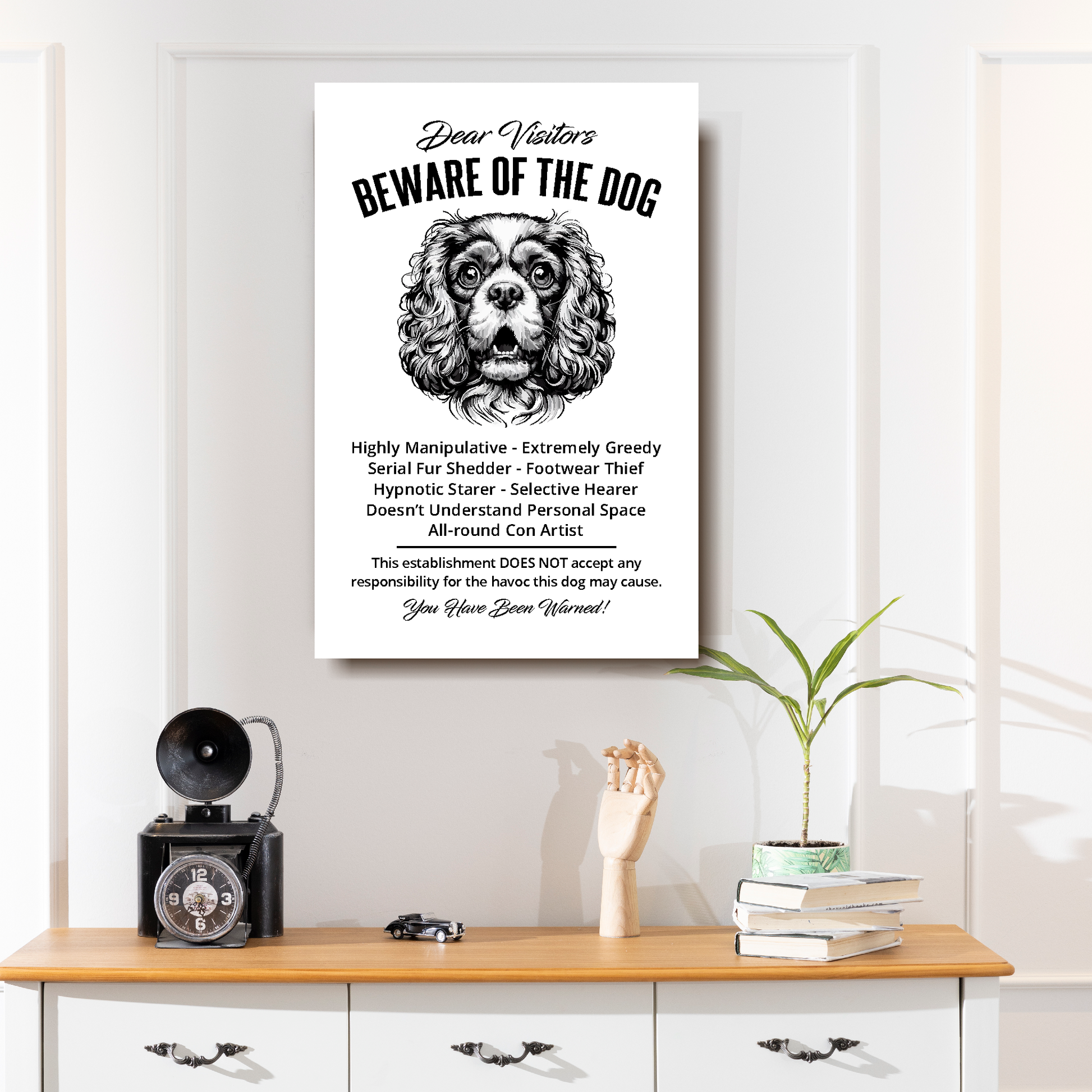 A funny Cavalier King Charles Spaniel 'Beware of the Dog' disclaimer notice. Black text and dog image on a white background. Mounted on a white wall above a white set of drawers.