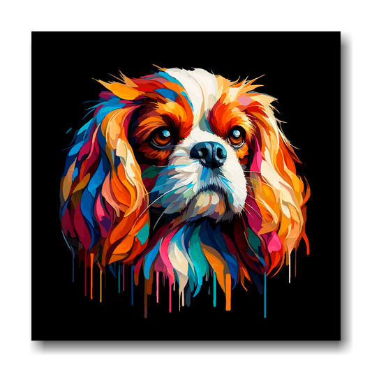 Large canvas wall art - A vibrant multi-coloured head portrait of a Cavalier King Charles Spaniel. Available in 3 large sizes.