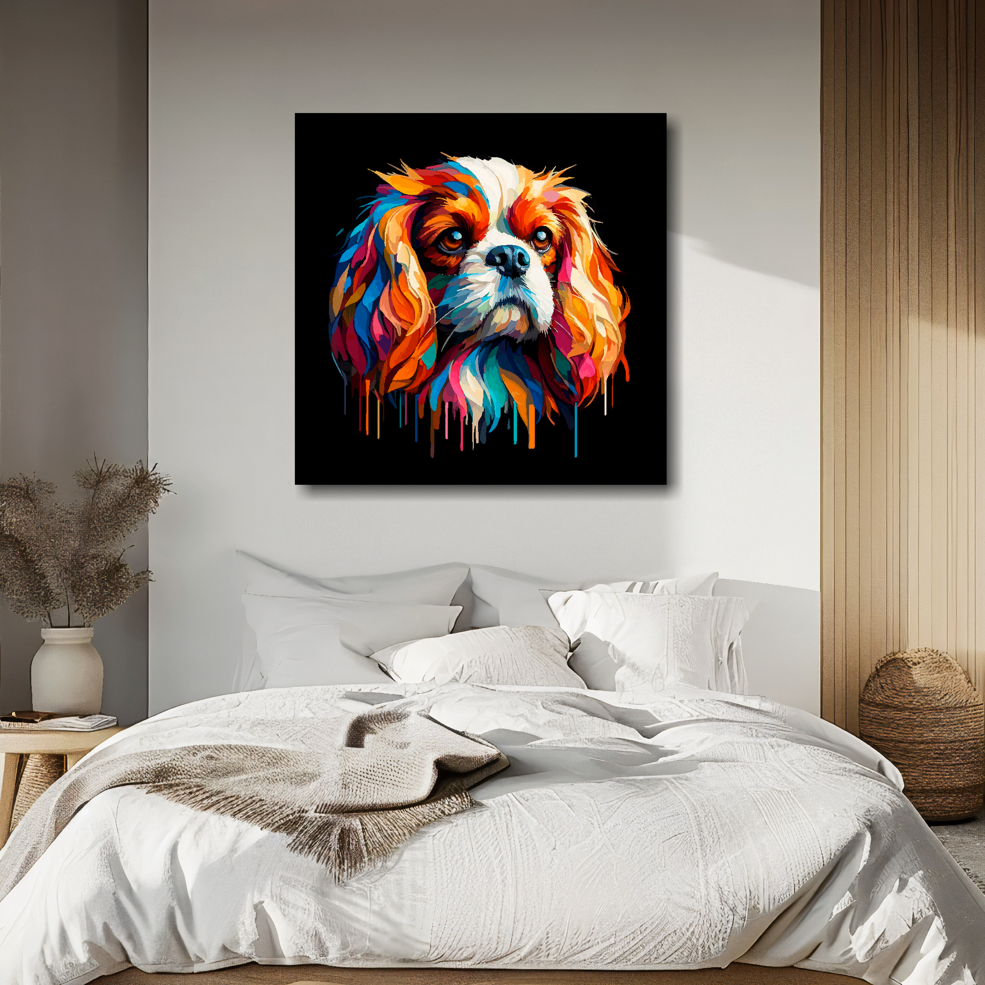 Large canvas wall art - A vibrant multi-coloured head portrait of a Cavalier King Charles Spaniel. Available in 3 large sizes.