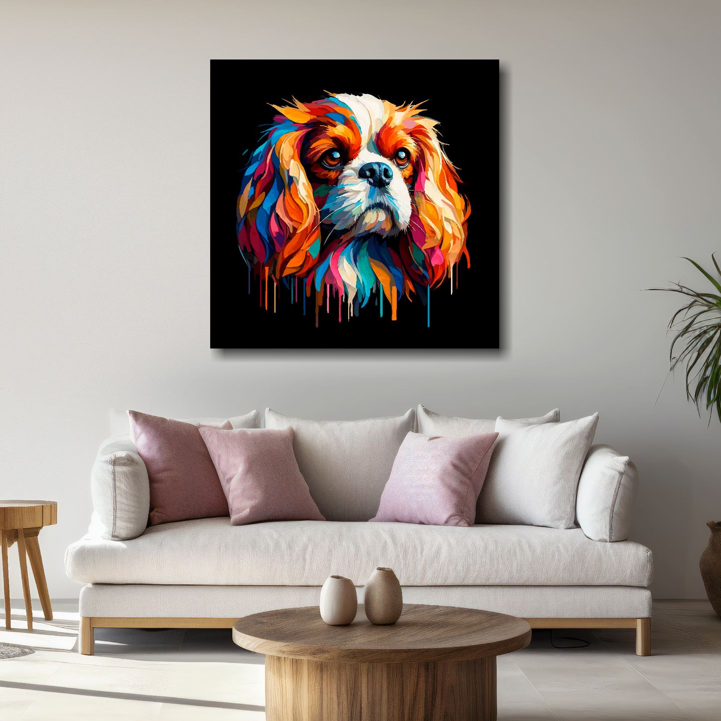 Large canvas wall art - A vibrant multi-coloured head portrait of a Cavalier King Charles Spaniel. Available in 3 large sizes.