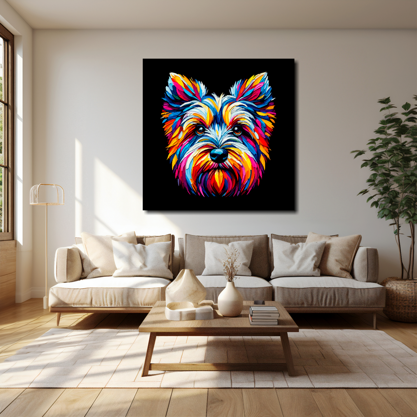40 inch by 40 inch square canvas of a colourful Cesky Terrier head portrait on a black background. Mounted on a white wall above a cream sofa with decorative pillows.