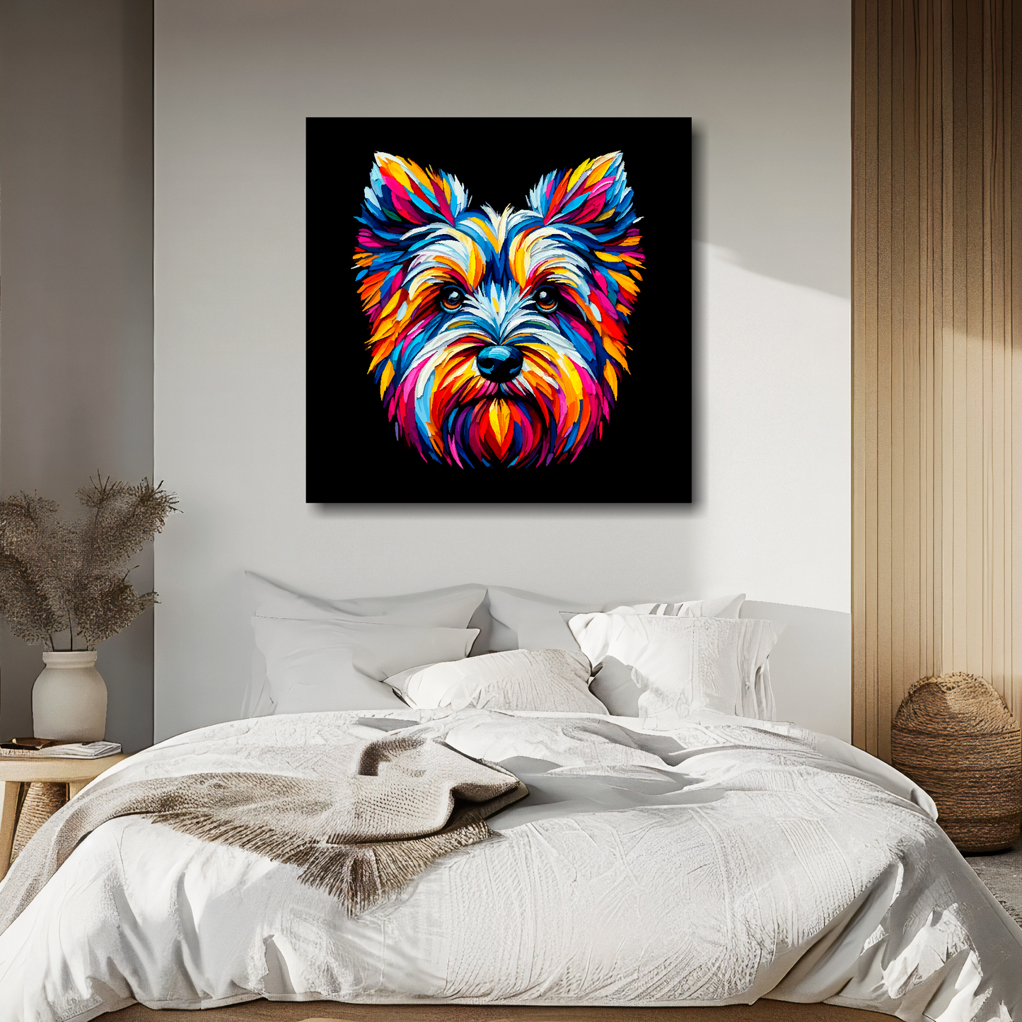 Large canvas wall art - A vibrant multi-coloured head portrait of a Cesky Terrier. Available in 3 large sizes.