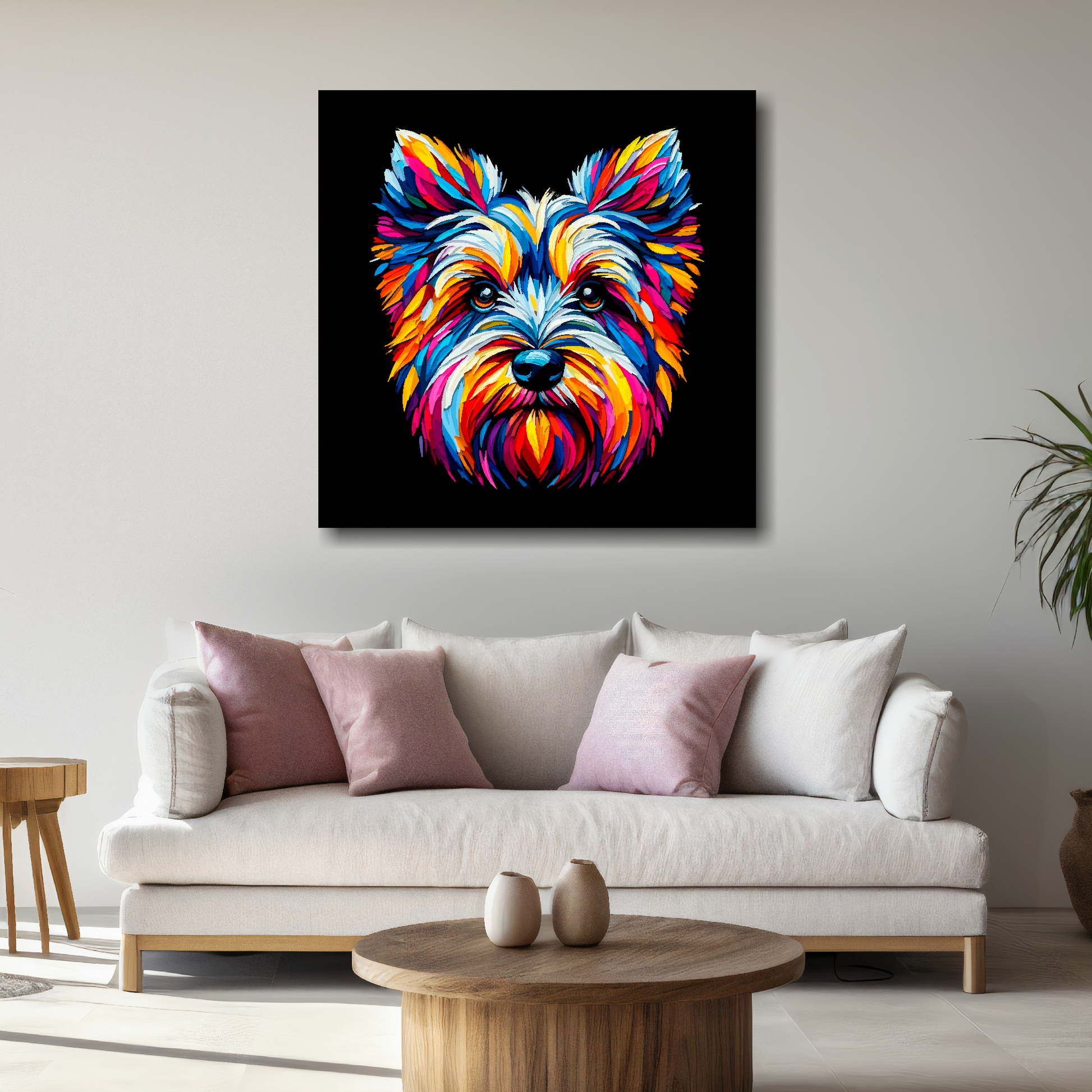 Large canvas wall art - A vibrant multi-coloured head portrait of a Cesky Terrier. Available in 3 large sizes.