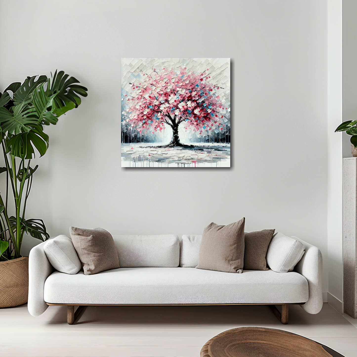 20 inch by 20 inch square canvas featuring a Cherry Blossom Tree. Mounted on a white wall above a white sofa with decorative pillows.
