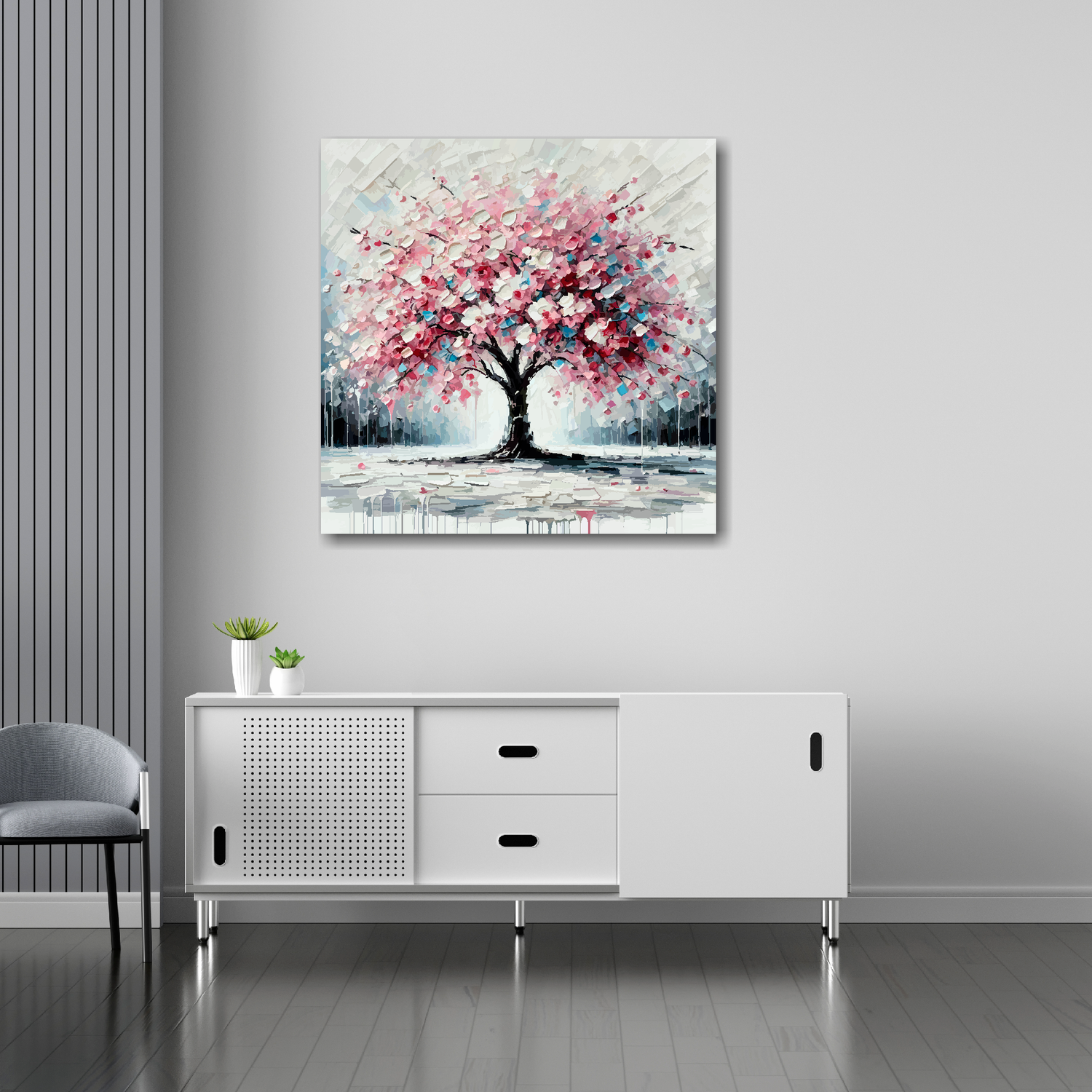 30 inch by 30 inch square canvas featuring a Cherry Blossom Tree. Mounted on a white wall above a white sideboard.