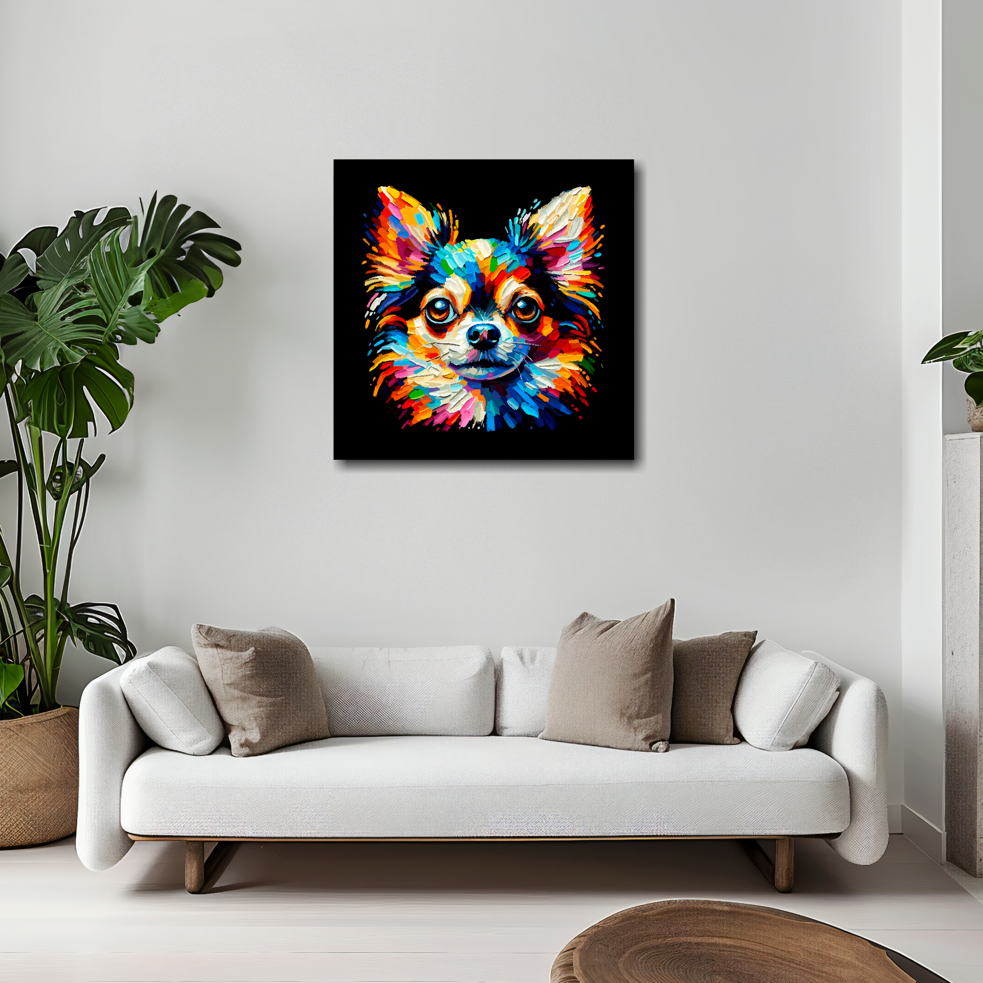 20 inch by 20 inch square canvas of a colourful Chihuahua head portrait on a black background. Mounted on a white wall above a white sofa with decorative pillows.