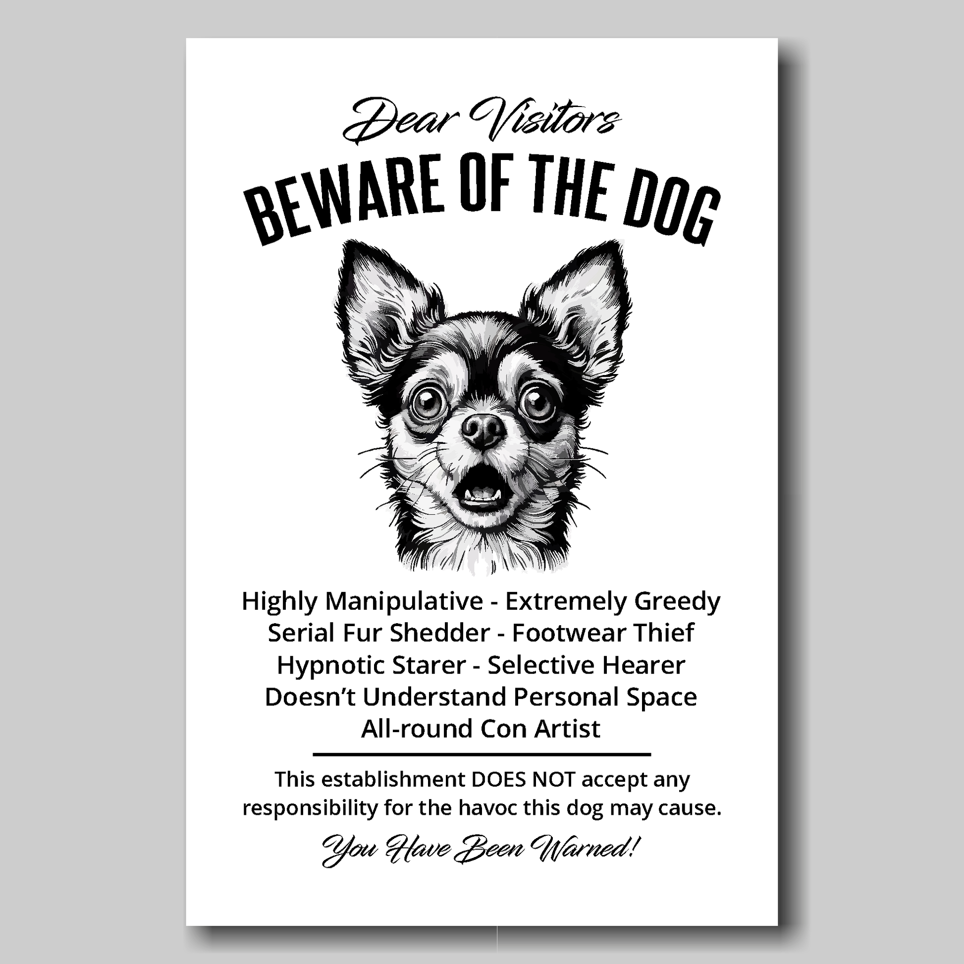 A funny Chihuahua 'Beware of the Dog' disclaimer notice. Black text and dog image on a white background. Available in 4 Canvas sizes. A humorous gift for dog owners.