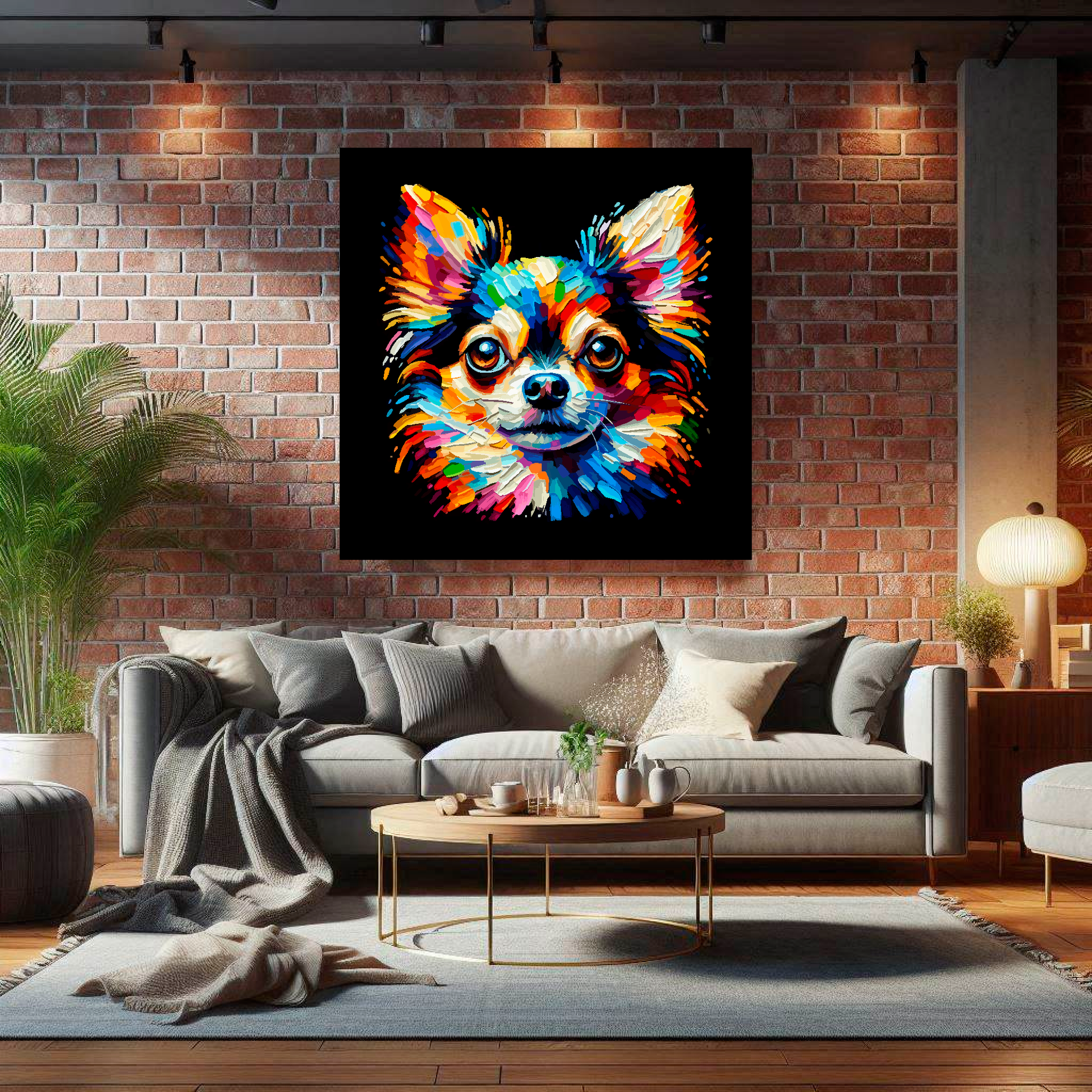 Large canvas wall art - A vibrant multi-coloured head portrait of a Chihuahua. Available in 3 large sizes.