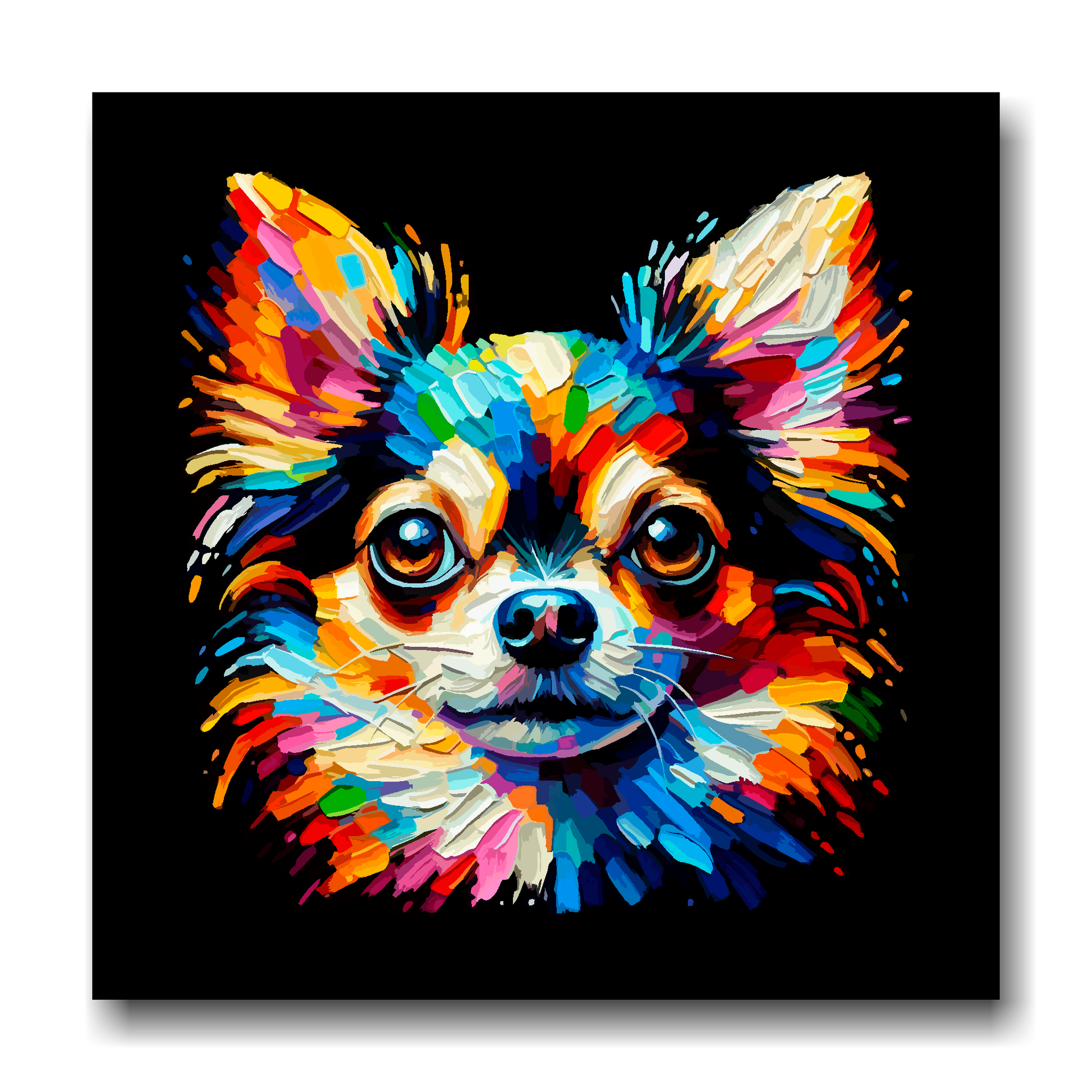 Large canvas wall art - A vibrant multi-coloured head portrait of a Chihuahua. Available in 3 large sizes.