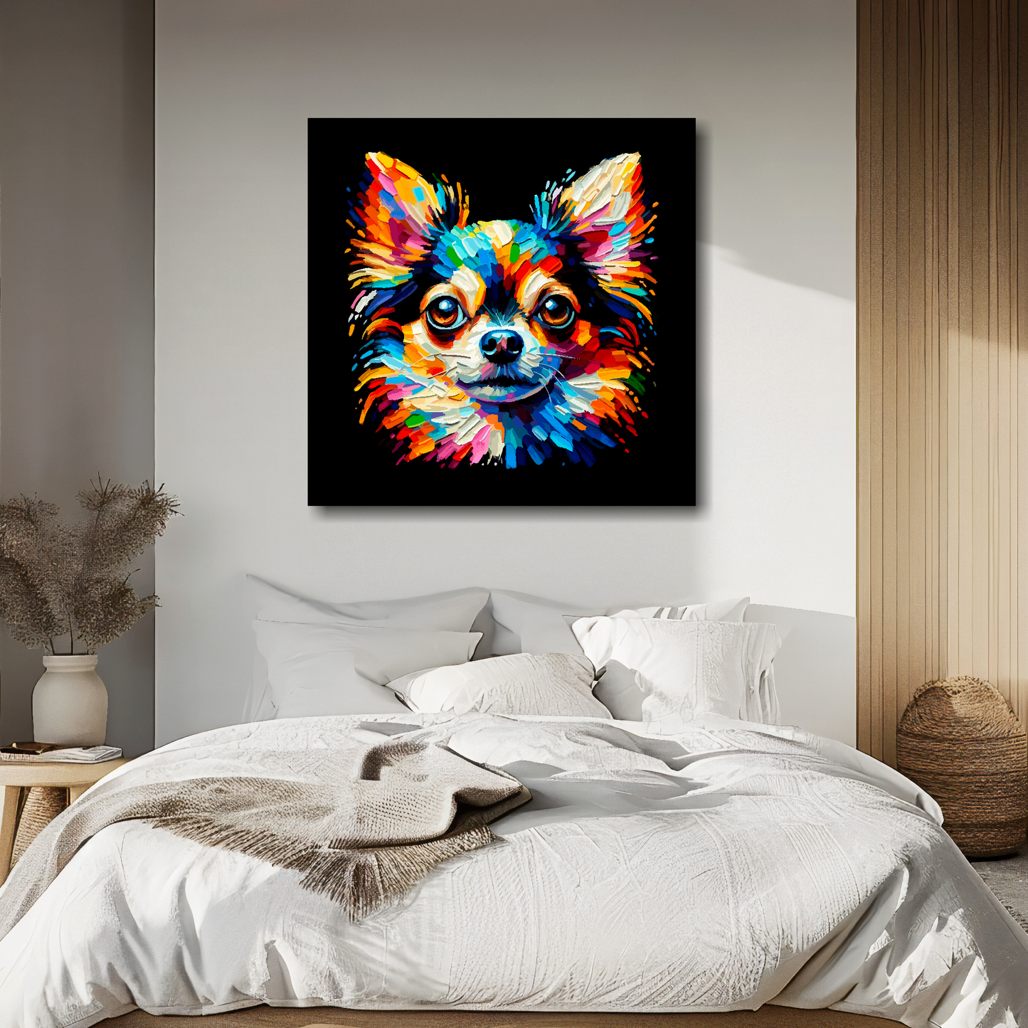 Large canvas wall art - A vibrant multi-coloured head portrait of a Chihuahua. Available in 3 large sizes.