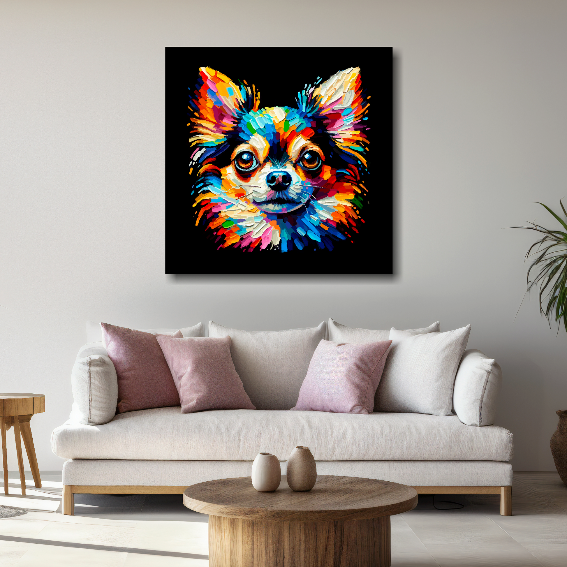 Large canvas wall art - A vibrant multi-coloured head portrait of a Chihuahua. Available in 3 large sizes.