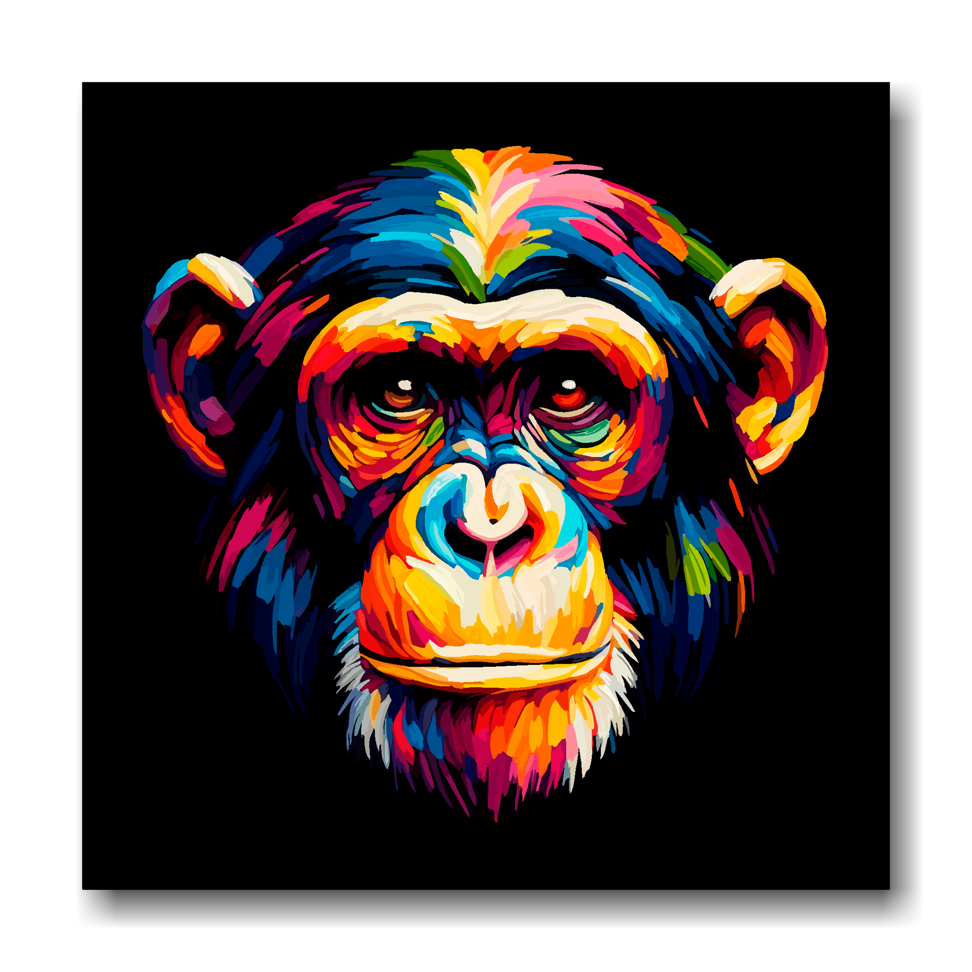 Large canvas wall art - A vibrant multi-coloured head portrait of a Chimpanzee. Available in 3 large sizes.