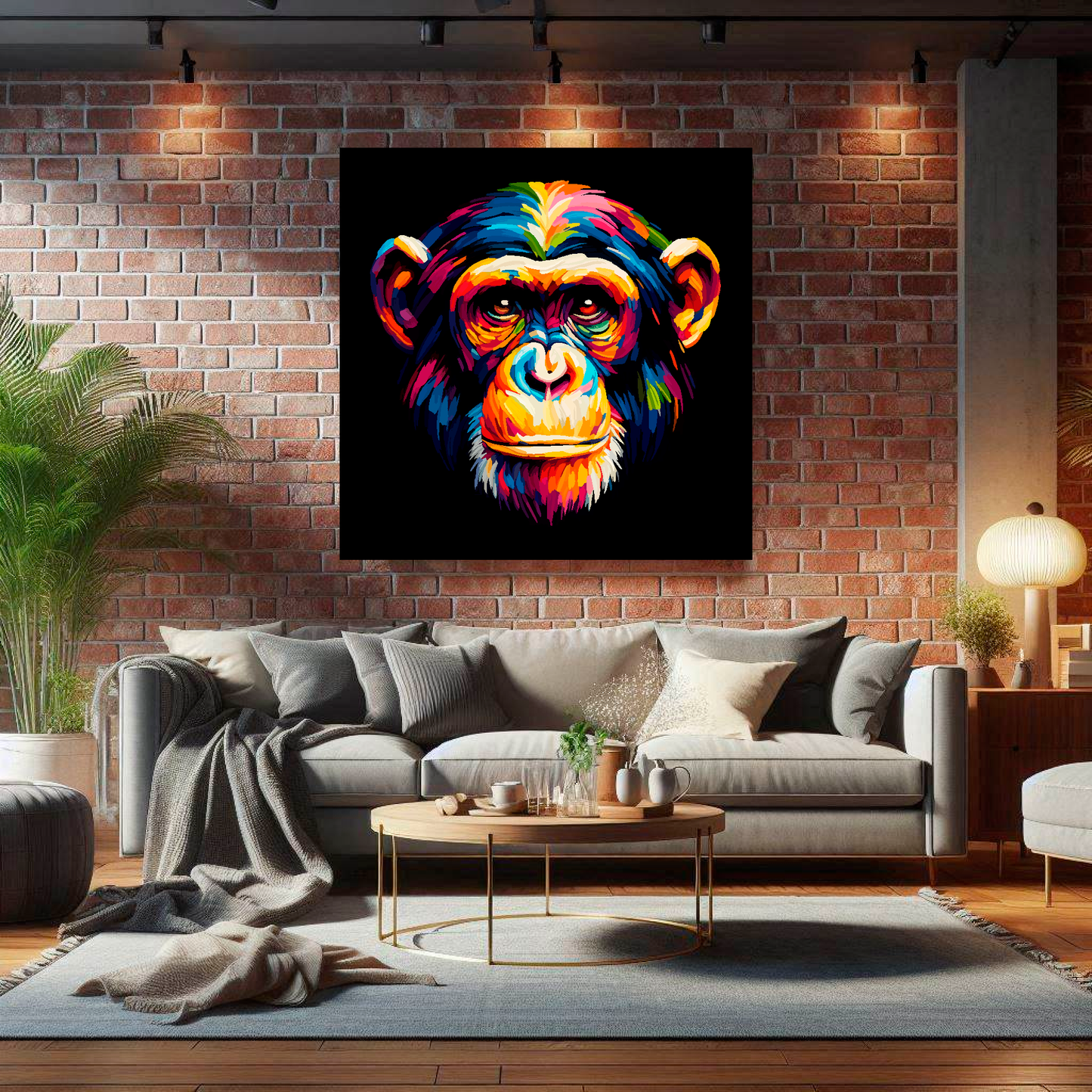 Large canvas wall art - A vibrant multi-coloured head portrait of a Chimpanzee. Available in 3 large sizes.