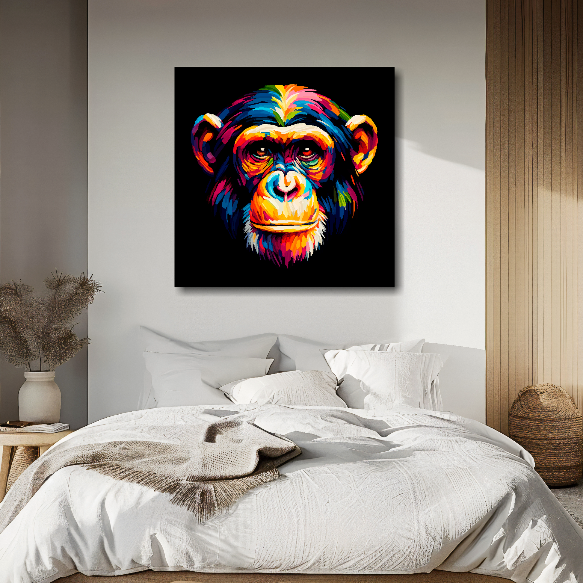 Large canvas wall art - A vibrant multi-coloured head portrait of a Chimpanzee. Available in 3 large sizes.