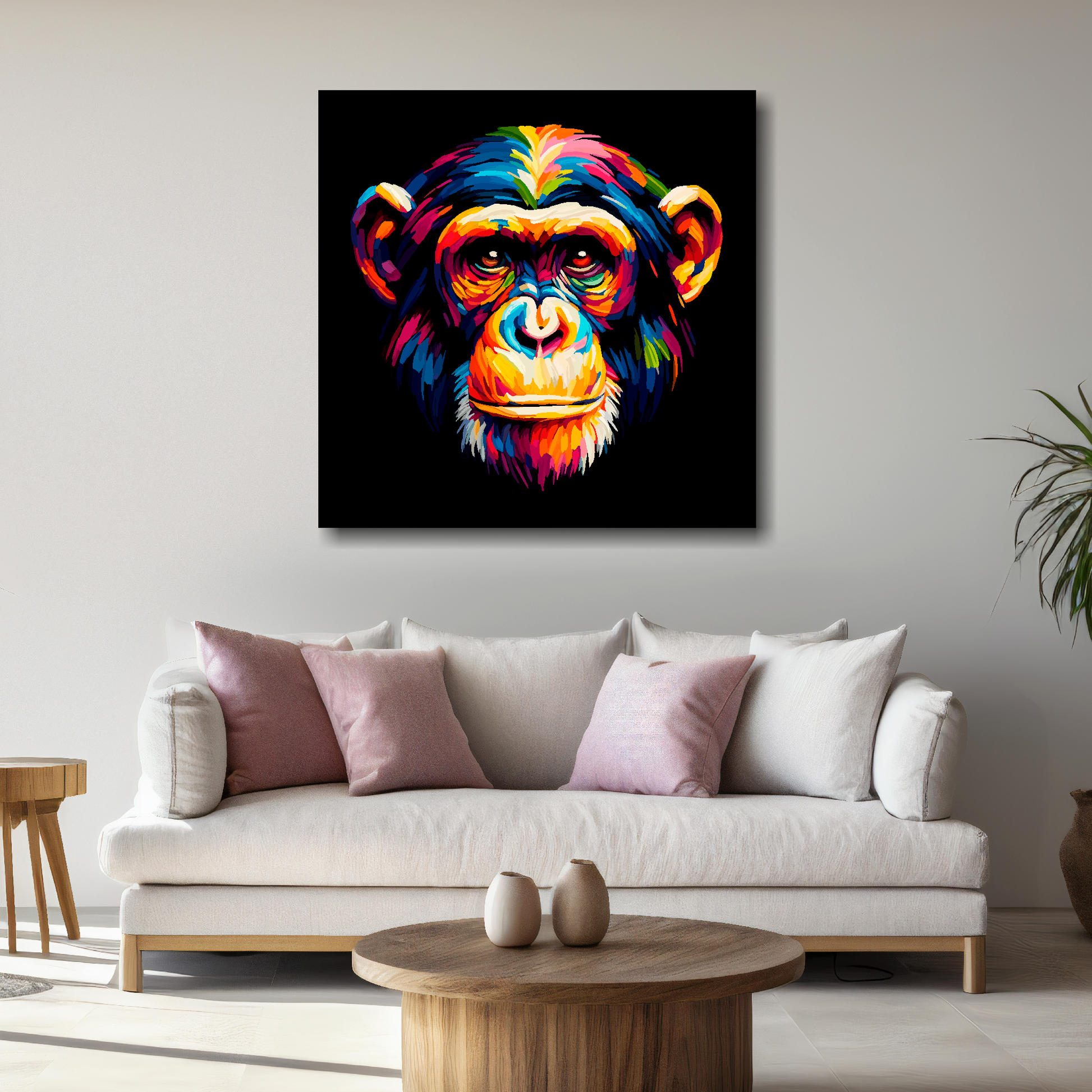 Large canvas wall art - A vibrant multi-coloured head portrait of a Chimpanzee. Available in 3 large sizes.