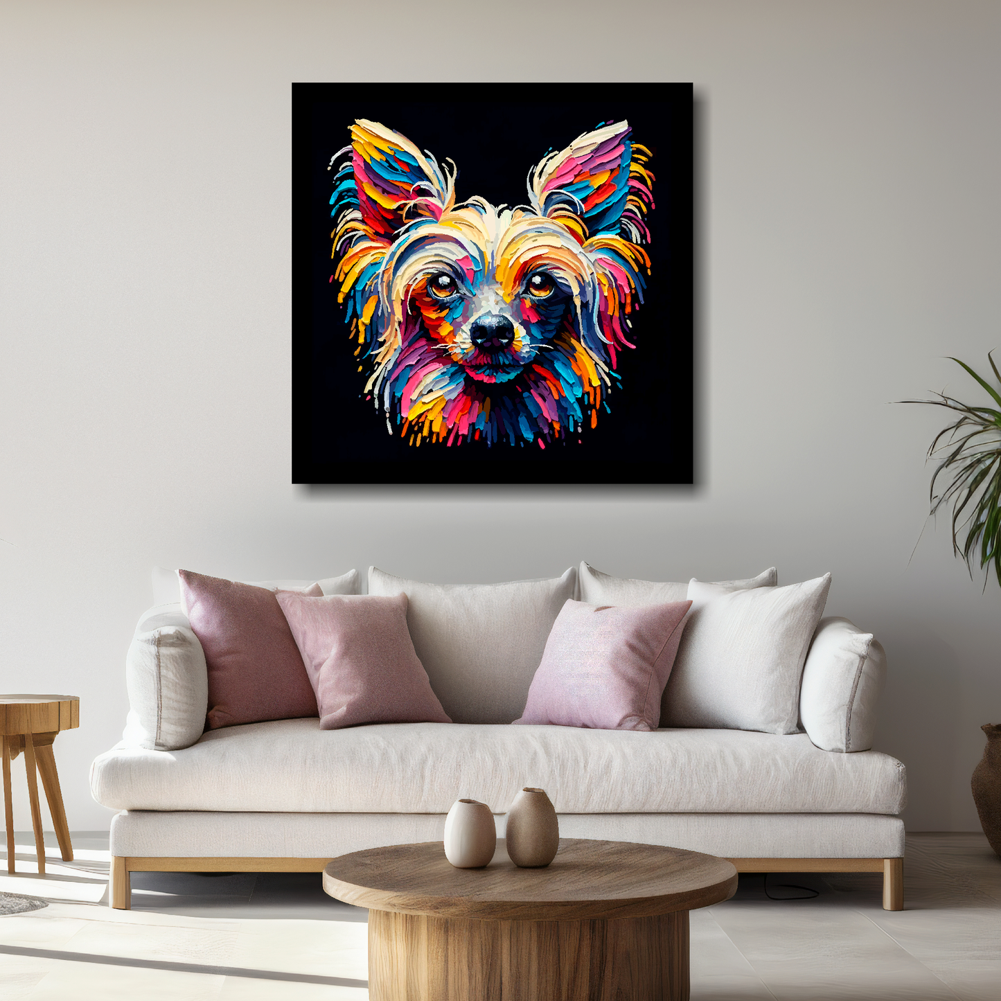 Large canvas wall art - A vibrant multi-coloured head portrait of a Chinese Crested Dog. Available in 3 large sizes.