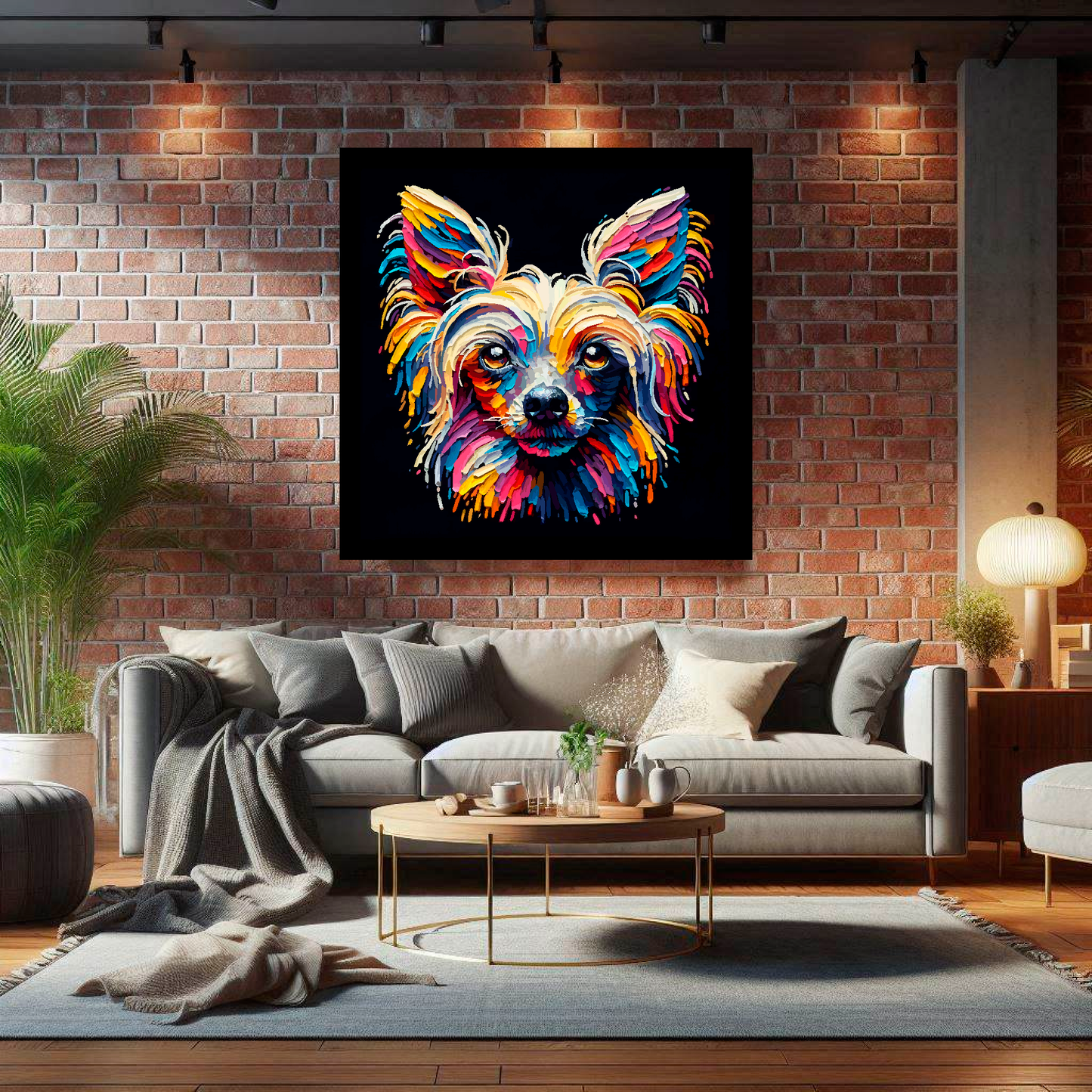 Large canvas wall art - A vibrant multi-coloured head portrait of a Chinese Crested Dog. Available in 3 large sizes.