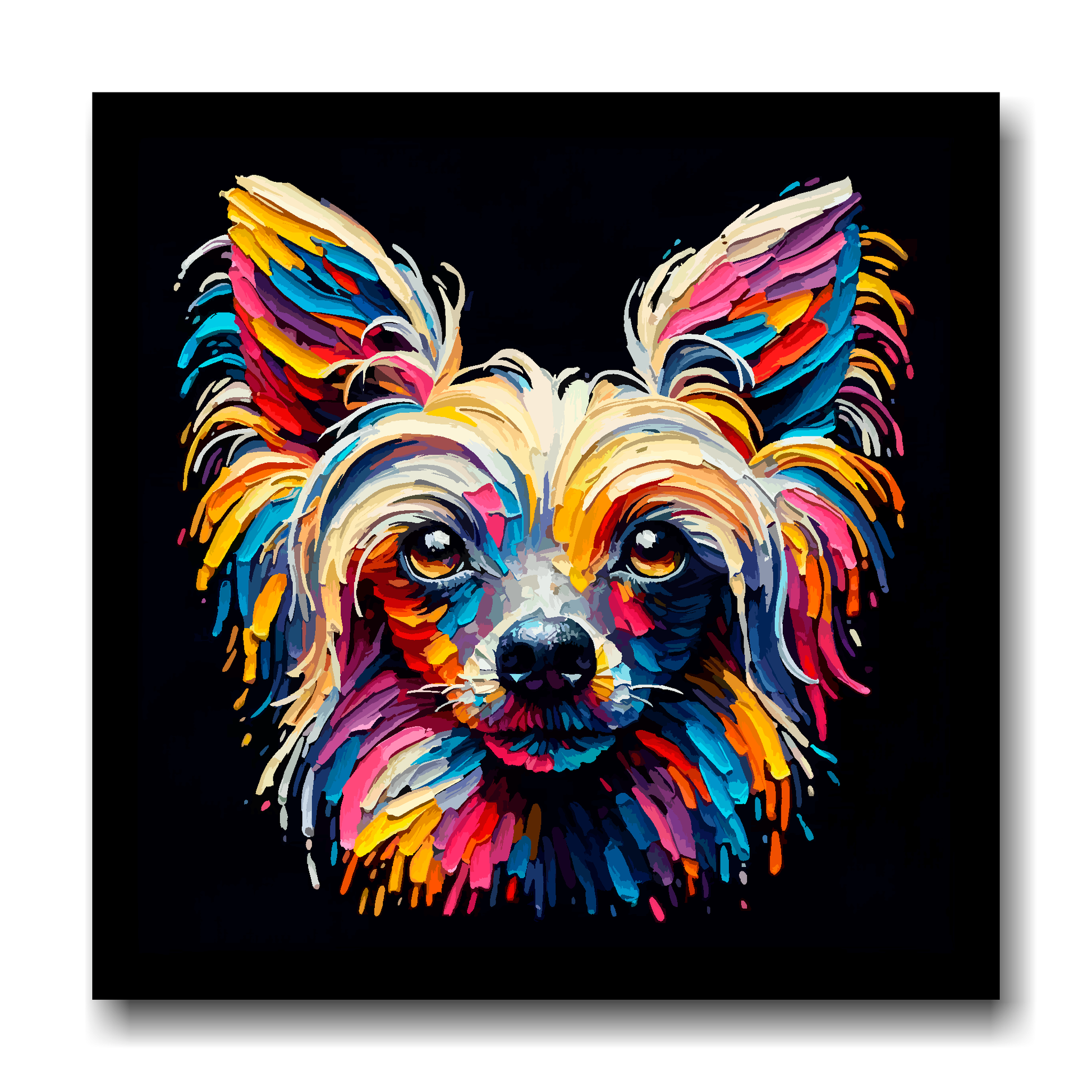 Large canvas wall art - A vibrant multi-coloured head portrait of a Chinese Crested Dog. Available in 3 large sizes.