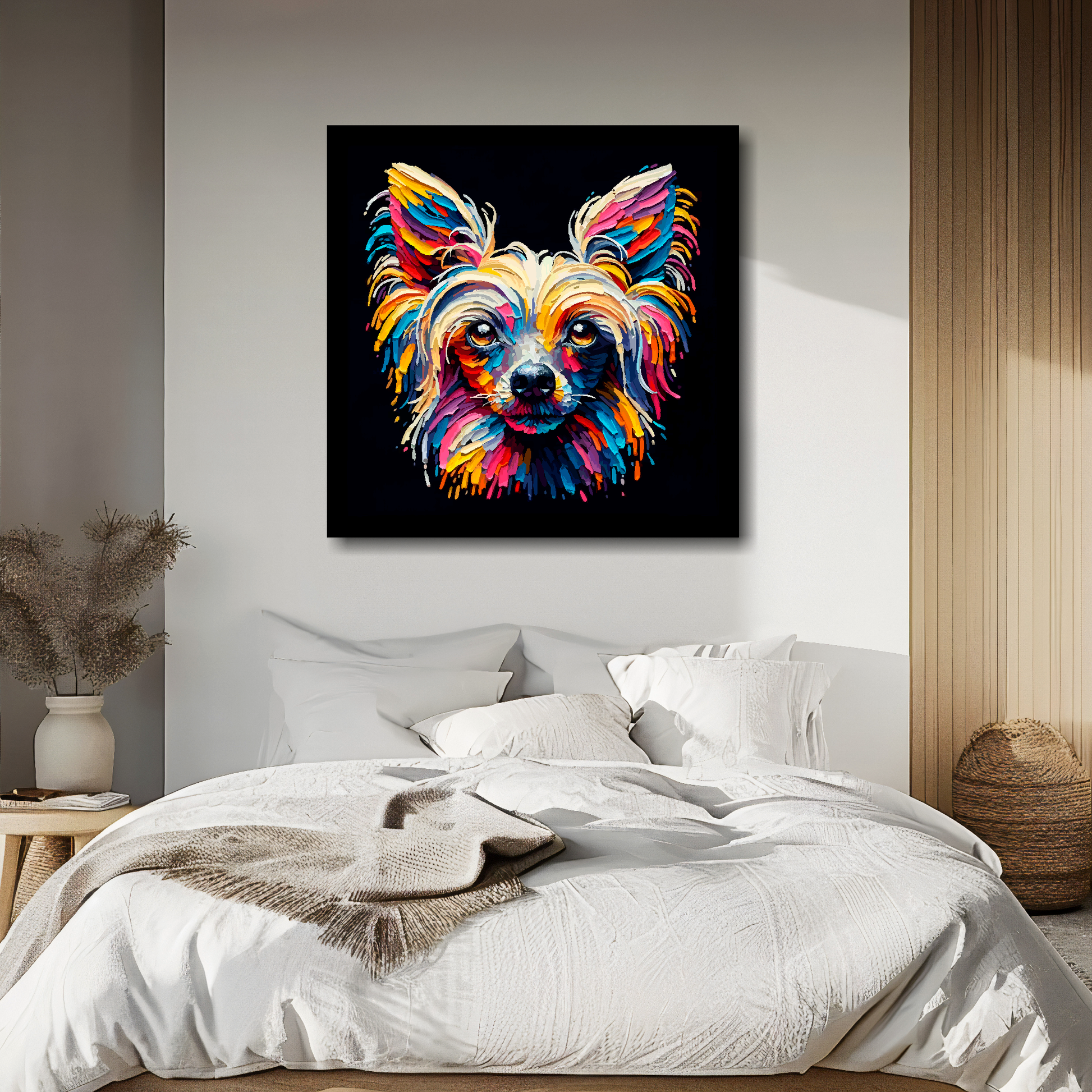 Large canvas wall art - A vibrant multi-coloured head portrait of a Chinese Crested Dog. Available in 3 large sizes.