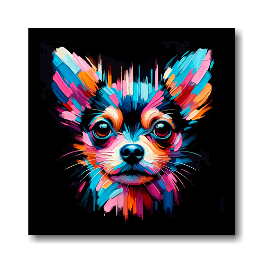 Colourful abstract painting of a Chiweenie dog's face on a black background.