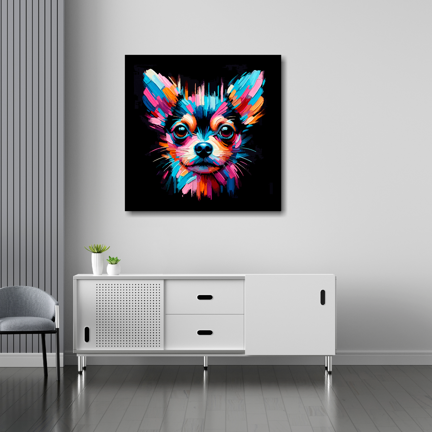 30 inch by 30 inch canvas print featuring a multi-coloured Chiweenie dog portrait. Mounted on a white wall above a white sideboard.