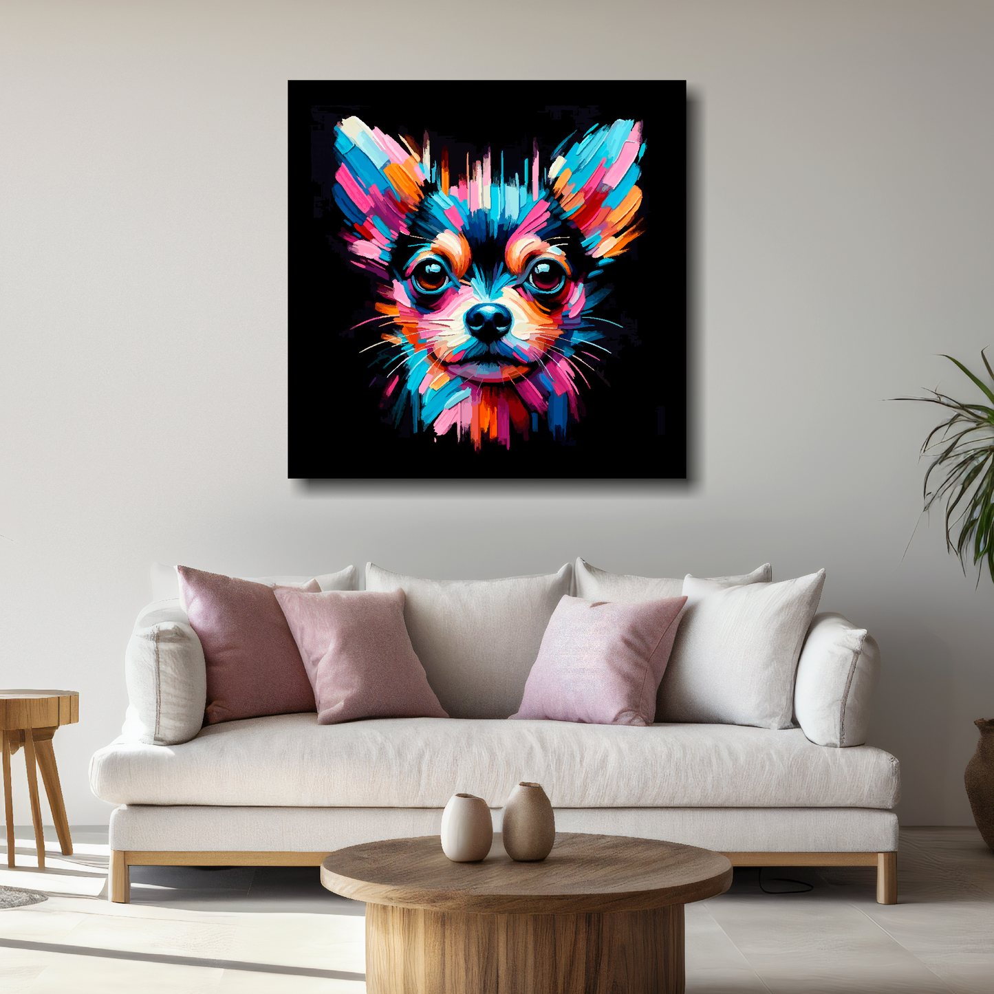 Large canvas print featuring a multi-coloured Chiweenie dog portrait. Mounted on a white wall above a white sofa with decorative pillows.