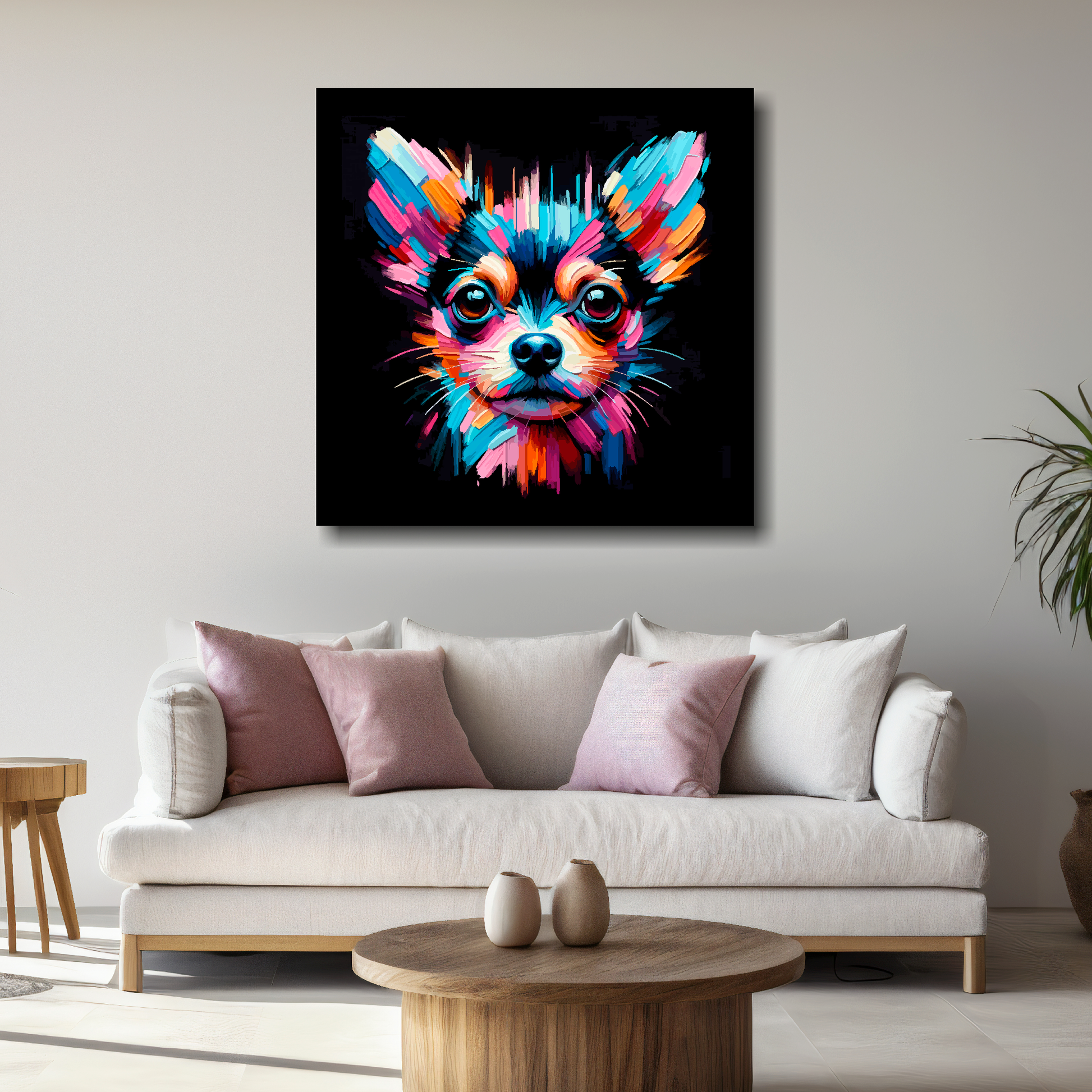 Large canvas print featuring a multi-coloured Chiweenie dog portrait. Mounted on a white wall above a white sofa with decorative pillows.