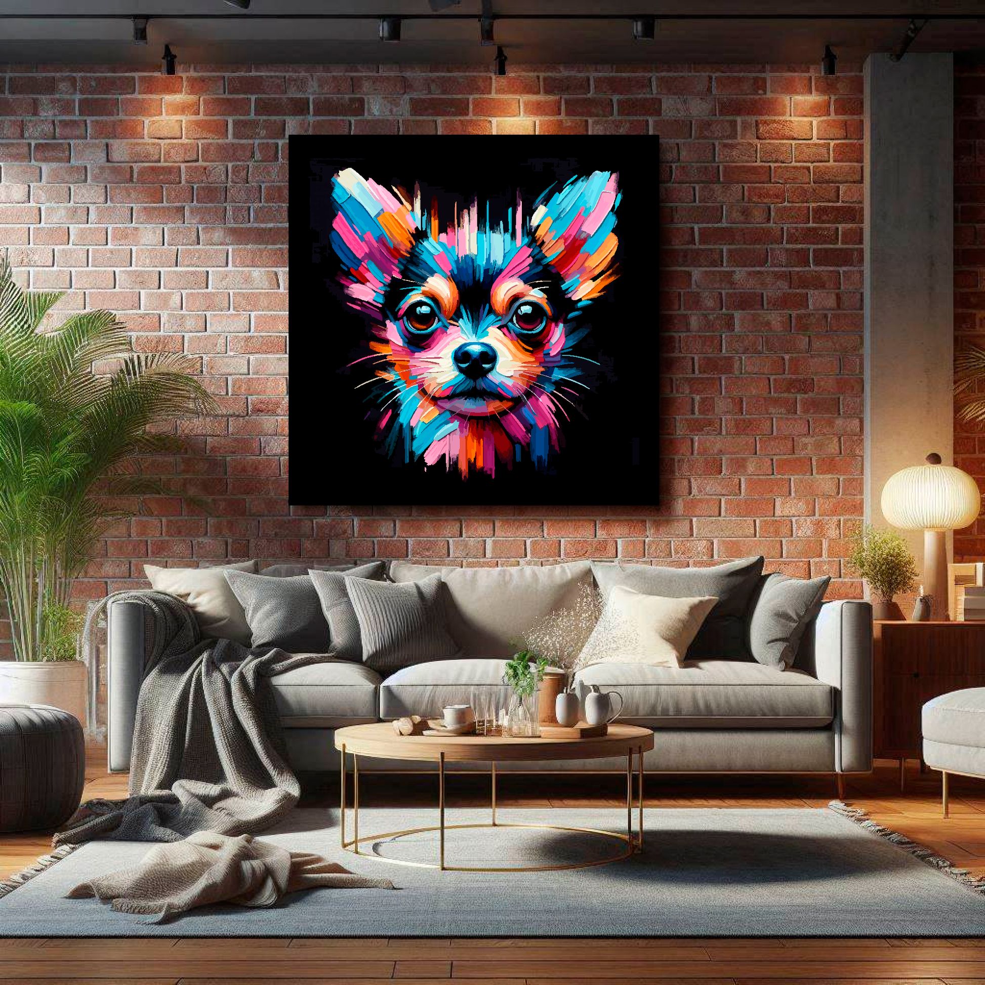 XL canvas print featuring a multi-coloured Chiweenie dog portrait. Mounted on a lounge brick wall above a  grey sofa with decorative pillows.