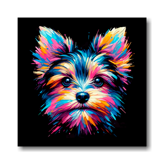 Colourful abstract painting of a Chorkie dog's face on a black background.