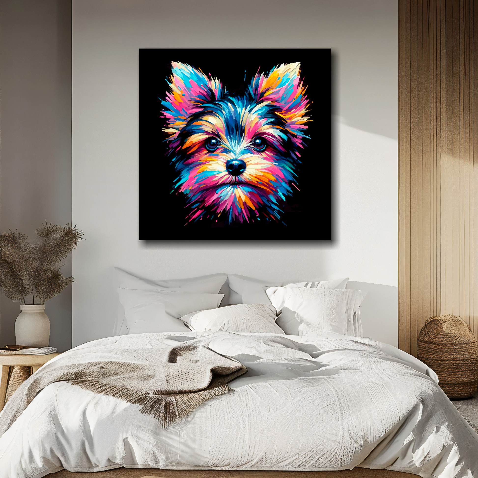 Square canvas print featuring a multi-coloured Chorkie dog portrait. Mounted on a white wall above a double bed.