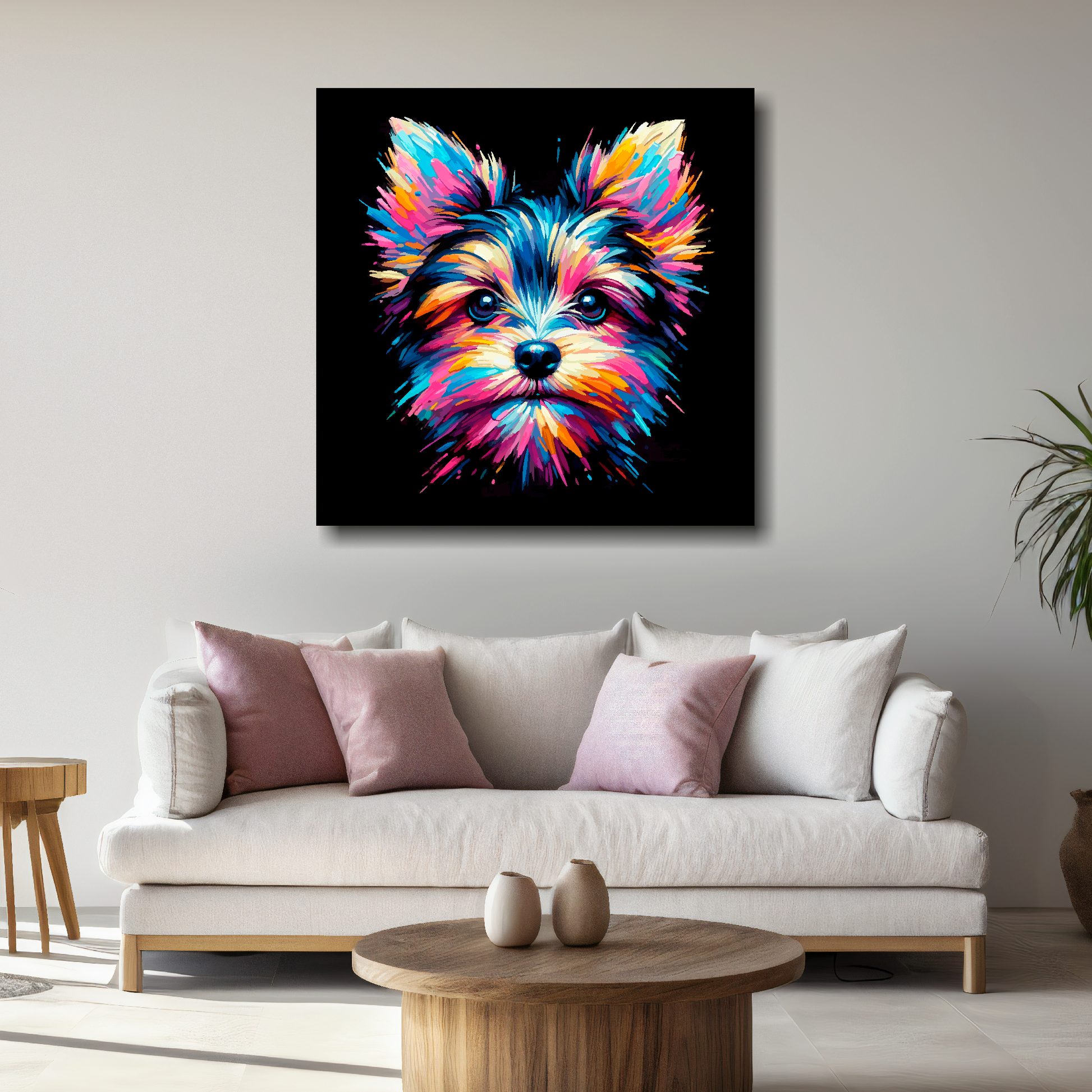 Large canvas print featuring a multi-coloured Chorkie dog portrait. Mounted on a white wall above a white sofa with decorative pillows.