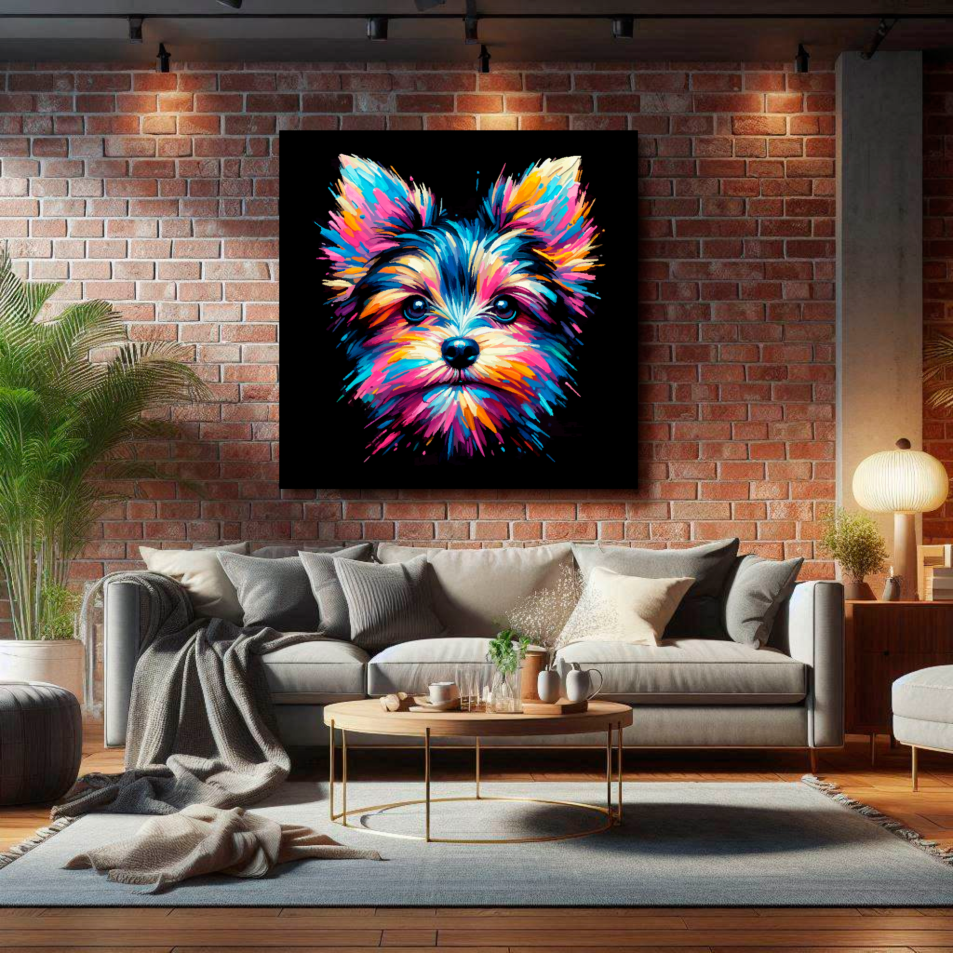 XL canvas print featuring a multi-coloured Chorkie dog portrait. Mounted on a lounge brick wall above a grey sofa with decorative pillows.