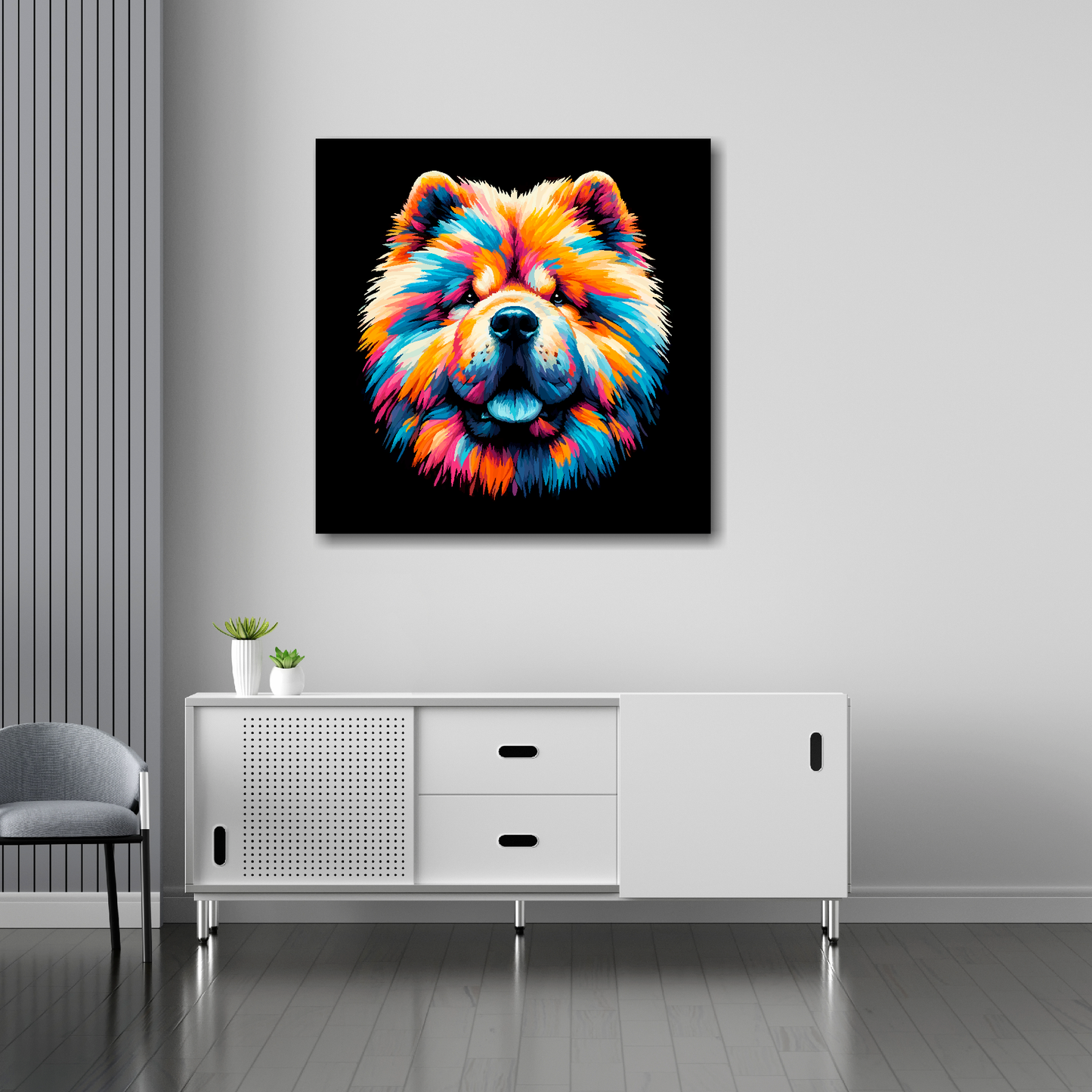 30 inch by 30 inch square canvas of a colourful Chow Chow Dog head portrait on a black background. Mounted on a white wall above a white sideboard.