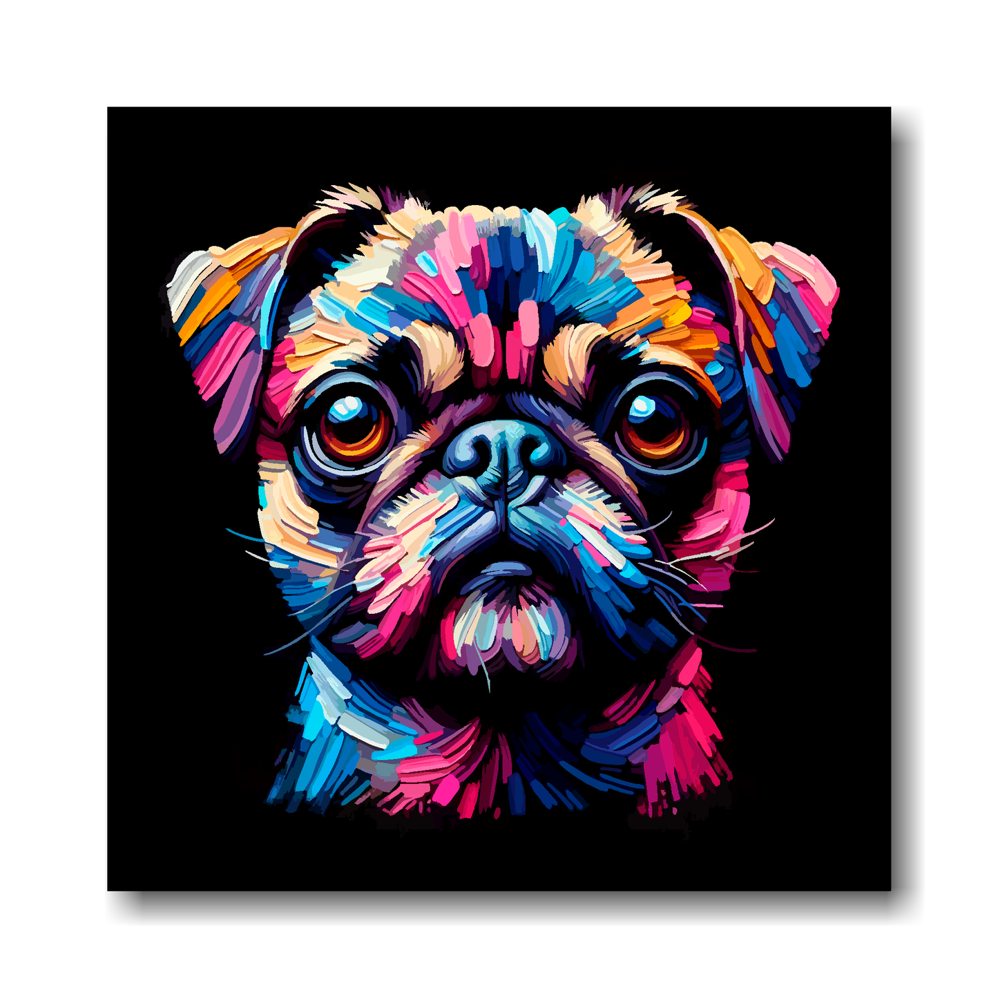 Colourful abstract painting of a Chug dog's face on a black background.