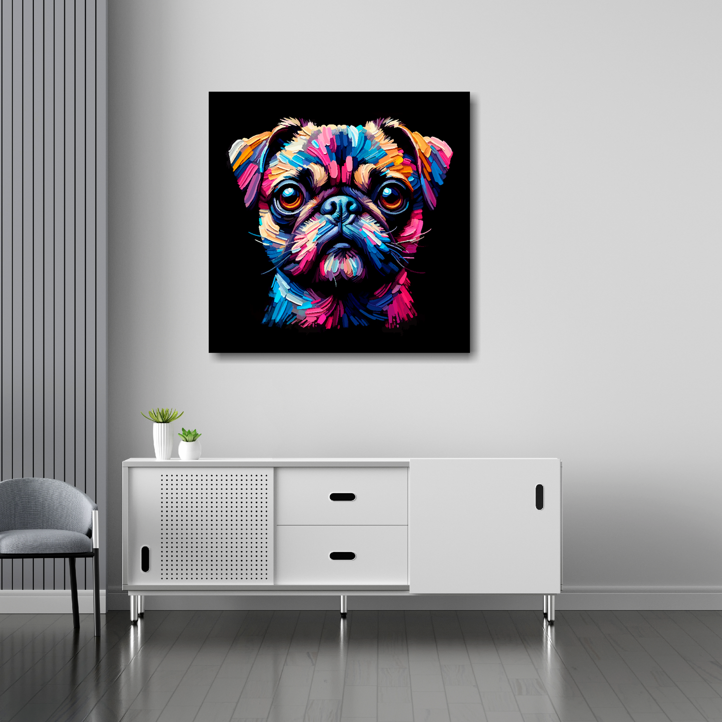 30 inch by 30 inch square canvas featuring a multi-coloured Chug dog portrait. Mounted on a white wall above a white sideboard.