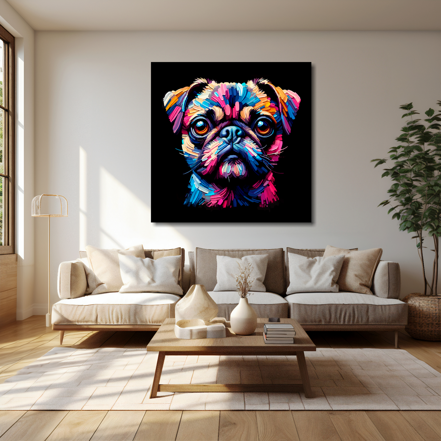 40 inch by 40 inch square canvas featuring a multi-coloured Chug dog portrait. Mounted on a cream wall above a cream sofa with decorative pillows.