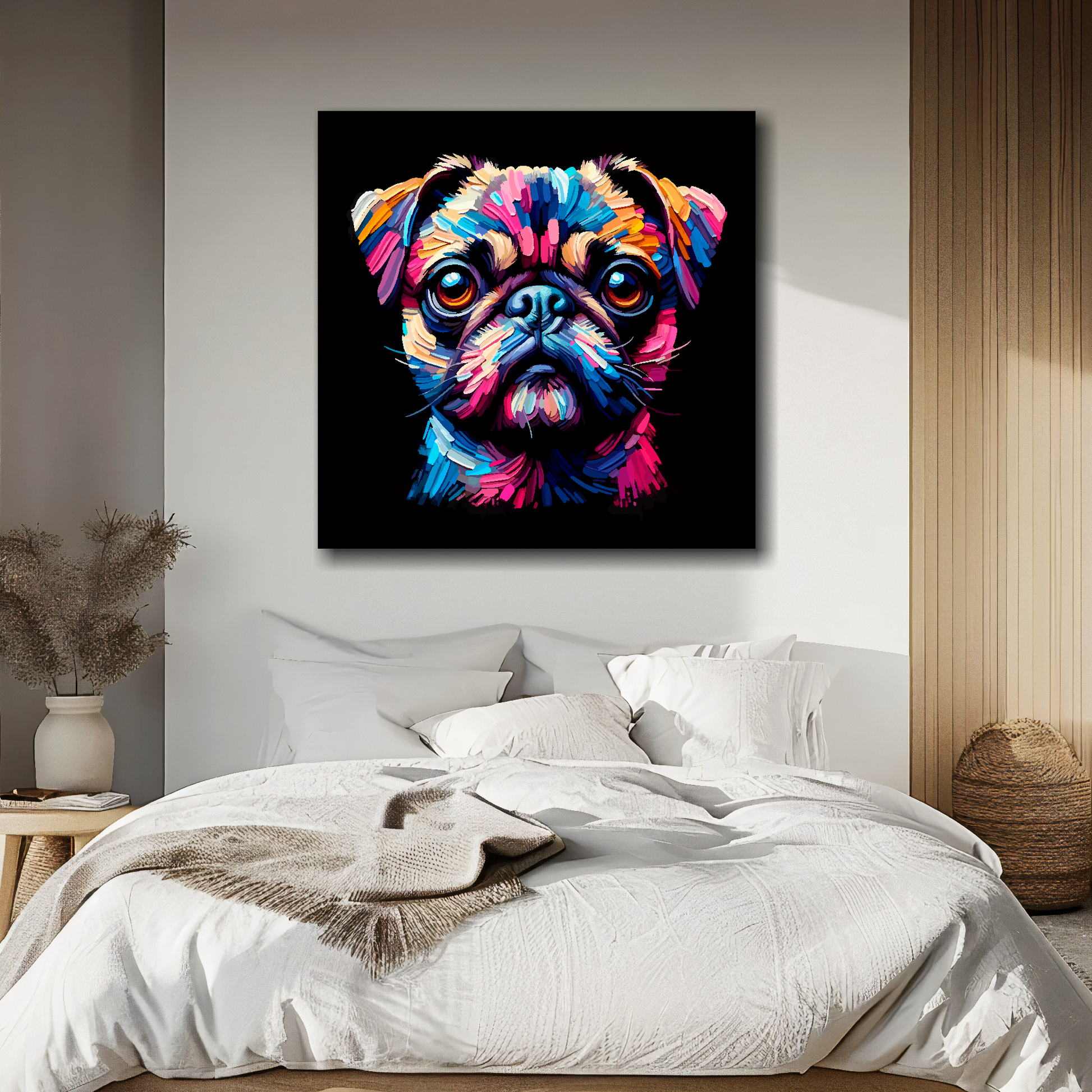 XL canvas print featuring a multi-coloured Chug dog portrait. Mounted on a white wall above a double bed.
