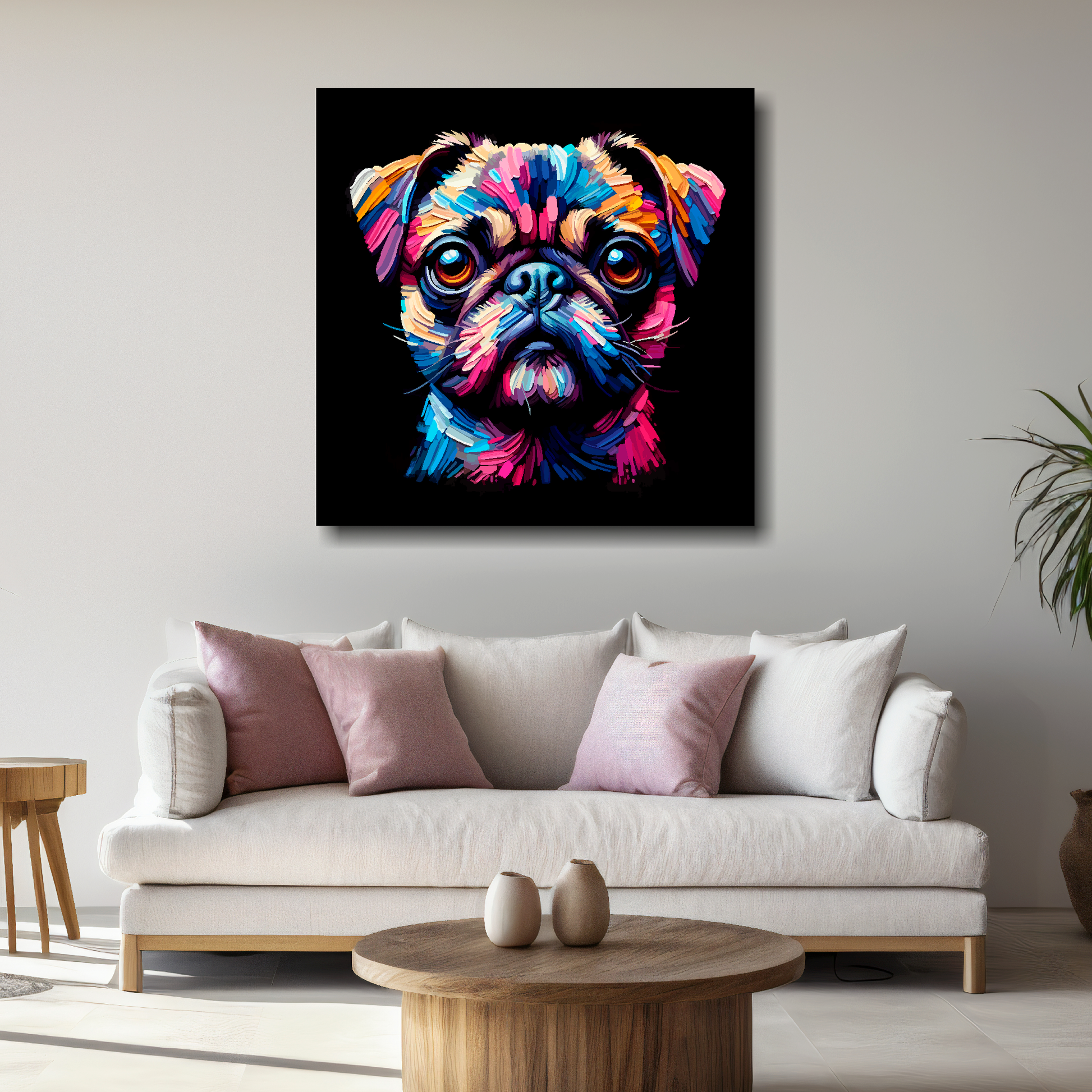 Large wall canvas featuring a multi-coloured Chug dog portrait. Mounted on a white wall above a white sofa with decorative pillows.
