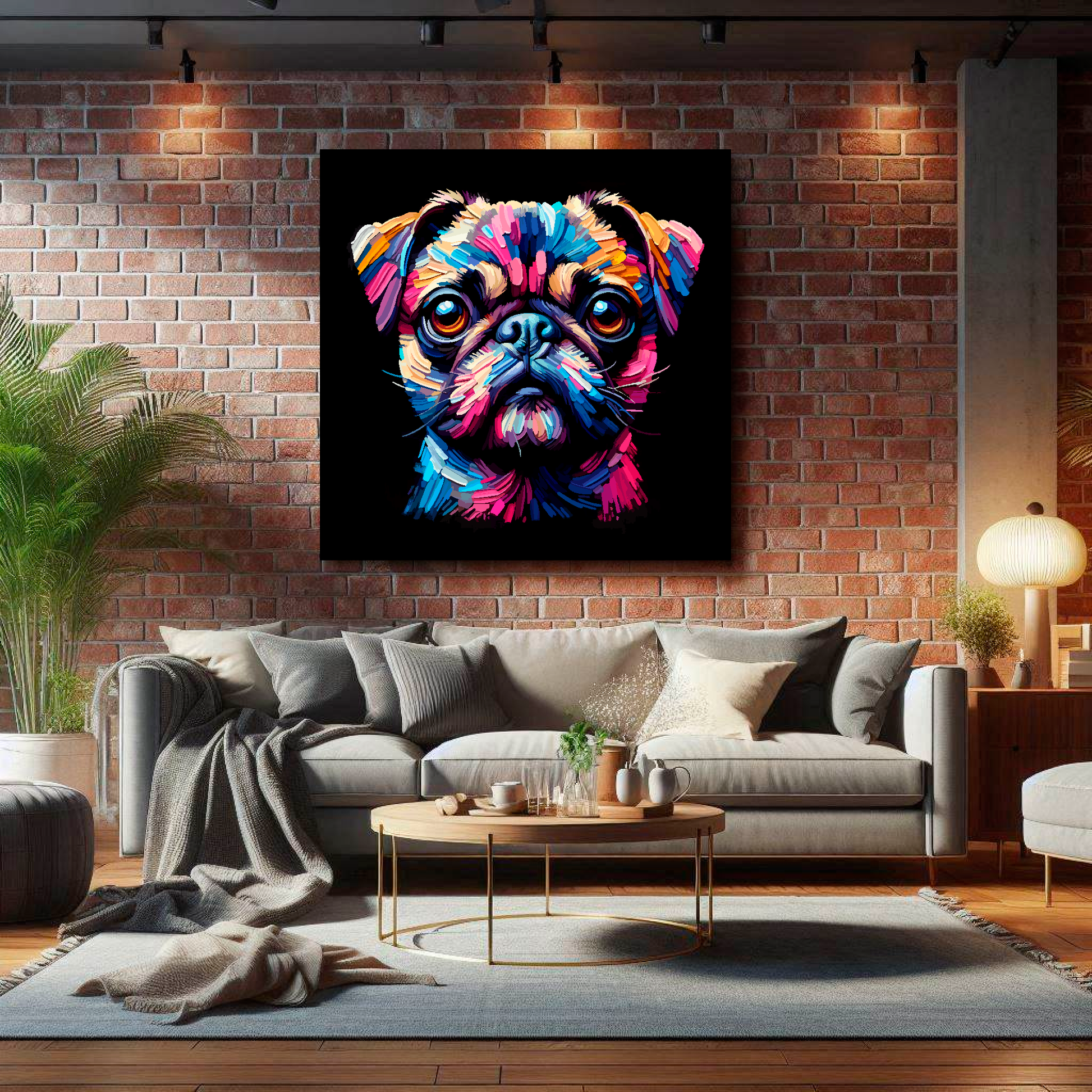XL Canvas print featuring a multi-coloured Chug dog portrait. Mounted on a lounge brick wall above a grey sofa with decorative pillows.